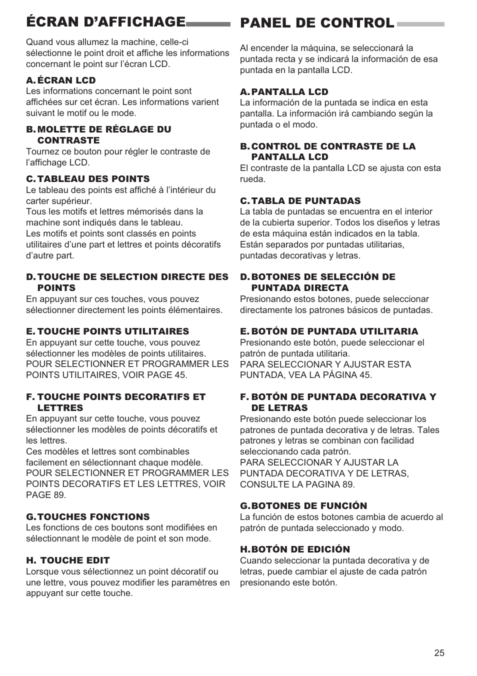Écran d’affichage, Panel de control | SINGER 9960 QUANTUM STYLIST User Manual | Page 25 / 108