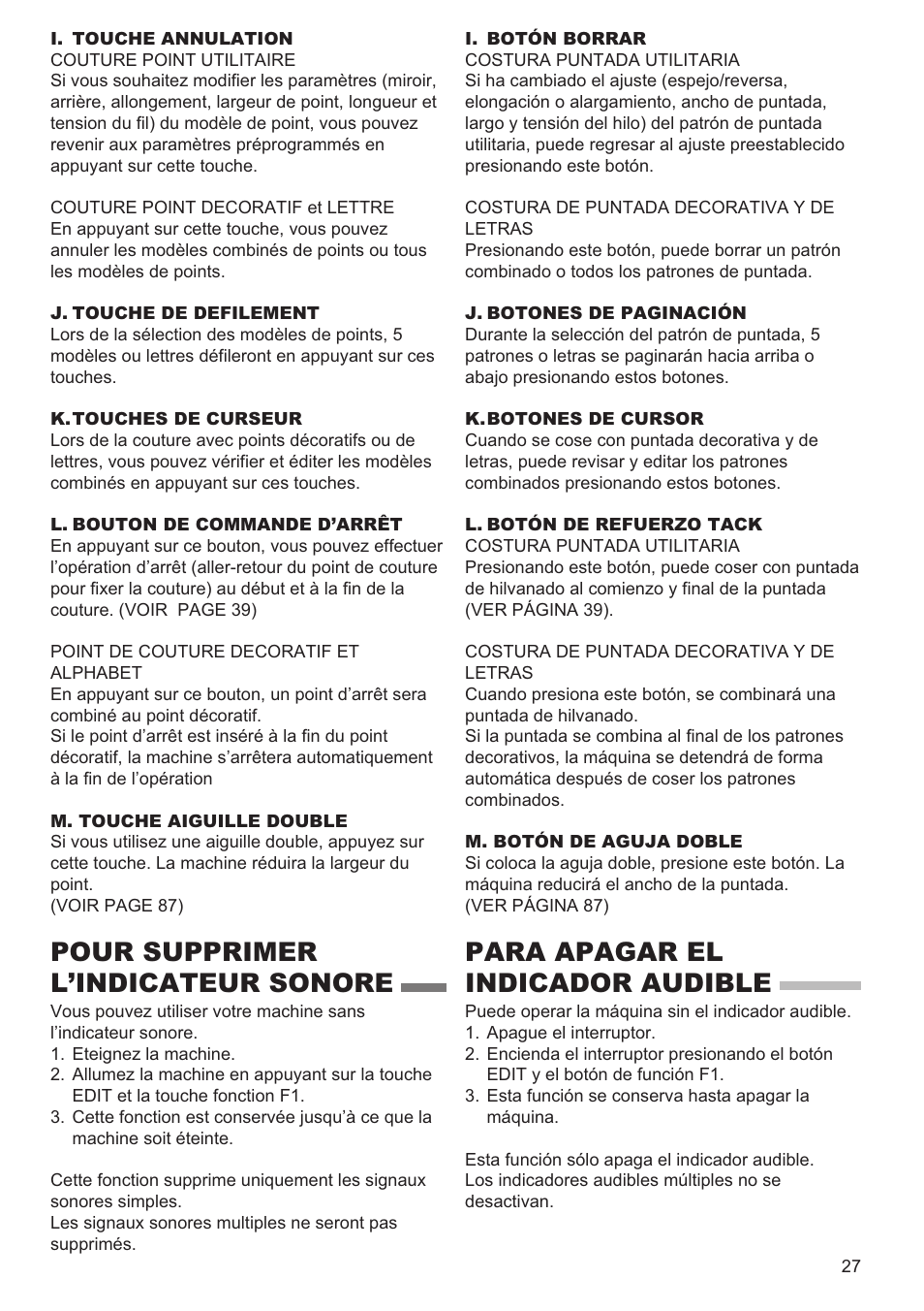 Pour supprimer l’indicateur sonore, Para apagar el indicador audible | SINGER 9960 QUANTUM STYLIST User Manual | Page 27 / 108