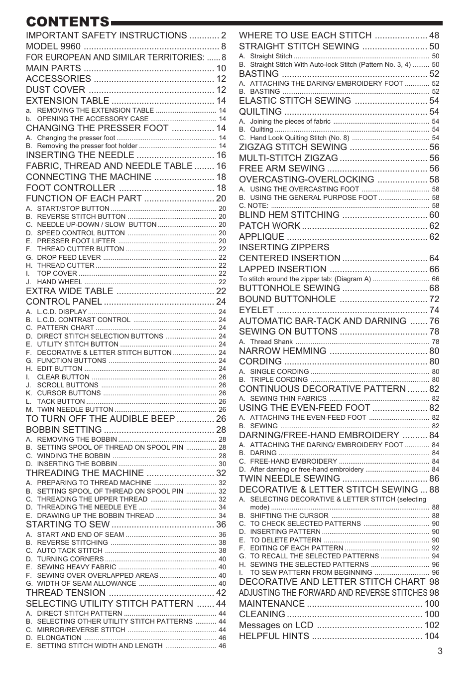 SINGER 9960 QUANTUM STYLIST User Manual | Page 3 / 108