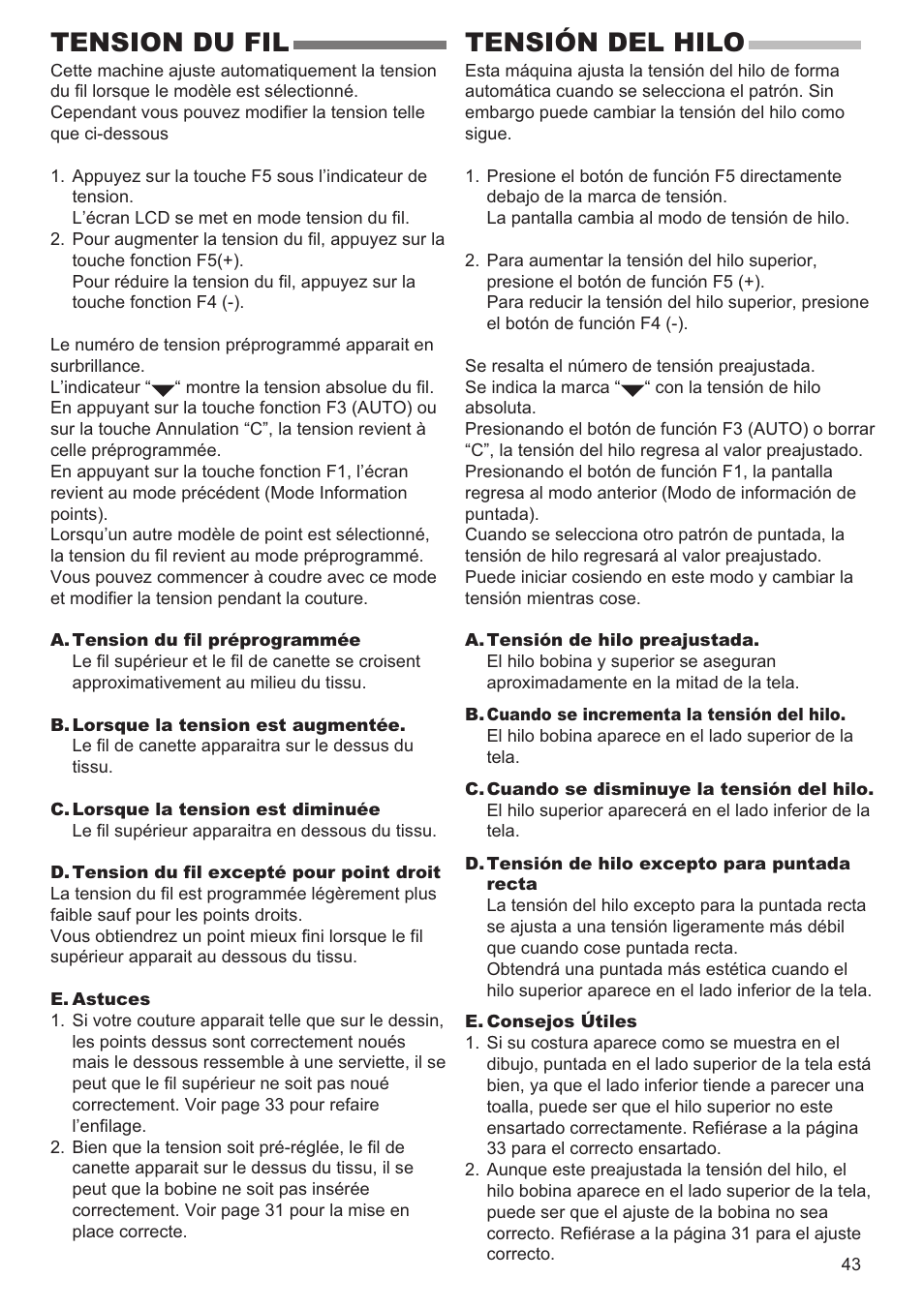 Tension du fil, Tensión del hilo | SINGER 9960 QUANTUM STYLIST User Manual | Page 43 / 108