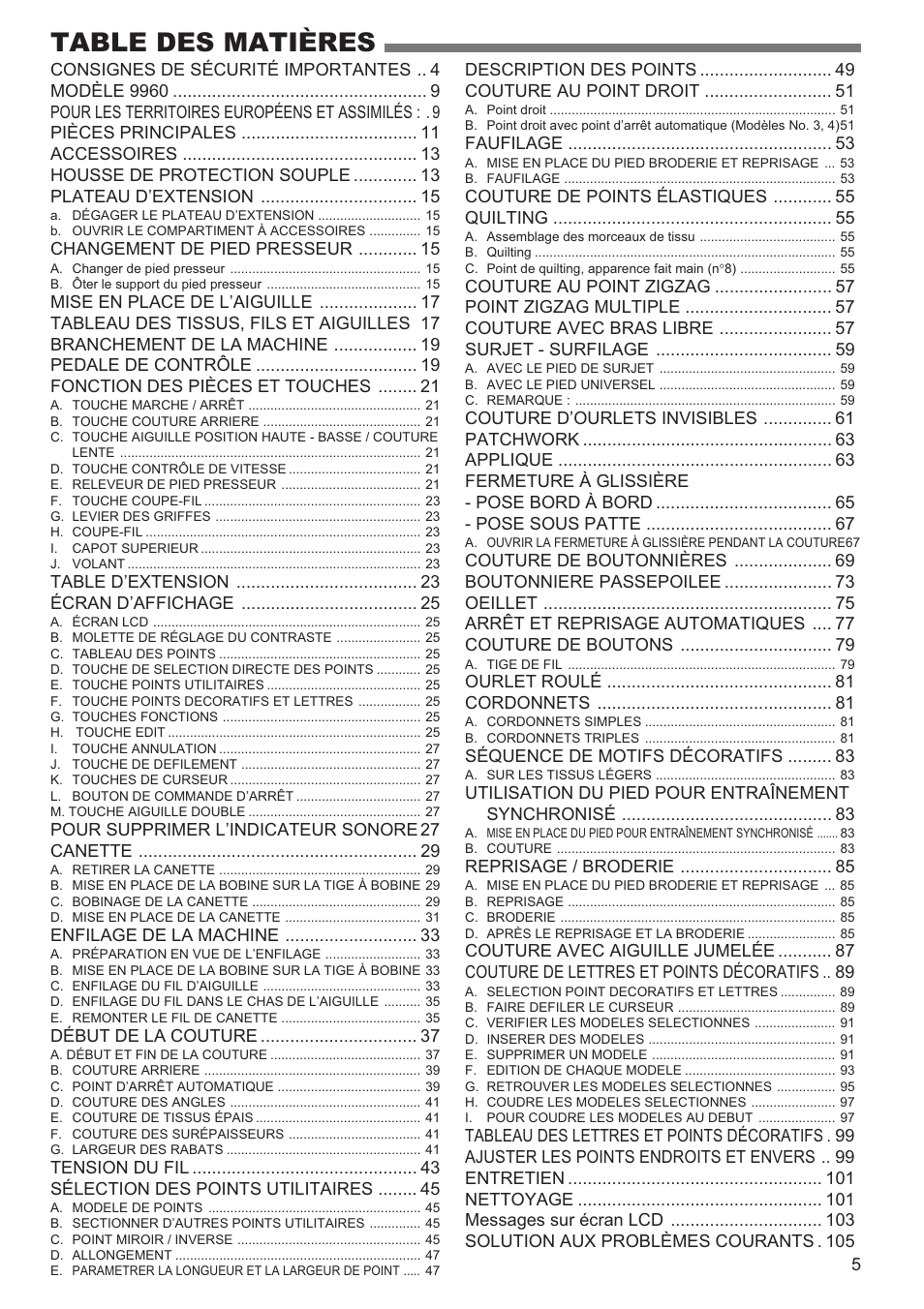 SINGER 9960 QUANTUM STYLIST User Manual | Page 5 / 108