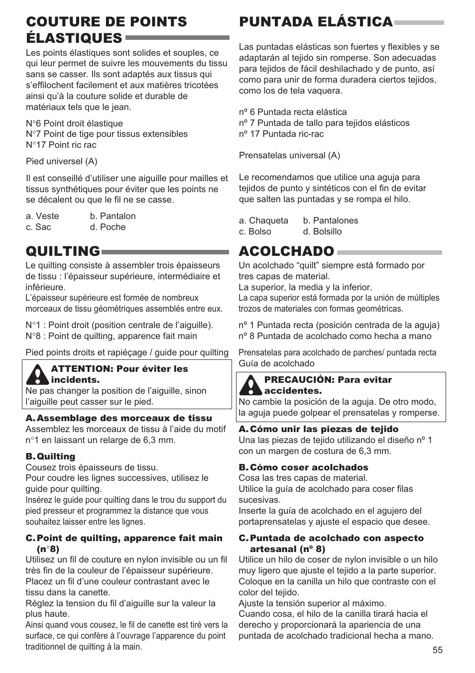 Couture de points élastiques, Puntada elástica, Quilting | Acolchado | SINGER 9960 QUANTUM STYLIST User Manual | Page 55 / 108