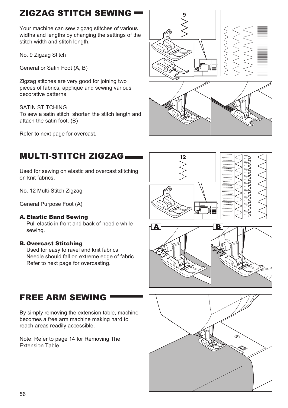 Zigzag stitch sewing, Free arm sewing, Multi-stitch zigzag | SINGER 9960 QUANTUM STYLIST User Manual | Page 56 / 108