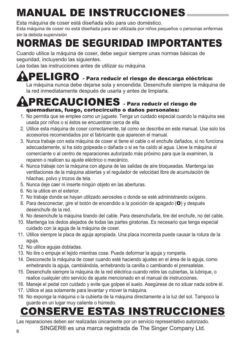 Manual de instrucciones, Normas de seguridad importantes, Peligro | Precauciones, Conserve estas instrucciones | SINGER 9960 QUANTUM STYLIST User Manual | Page 6 / 108