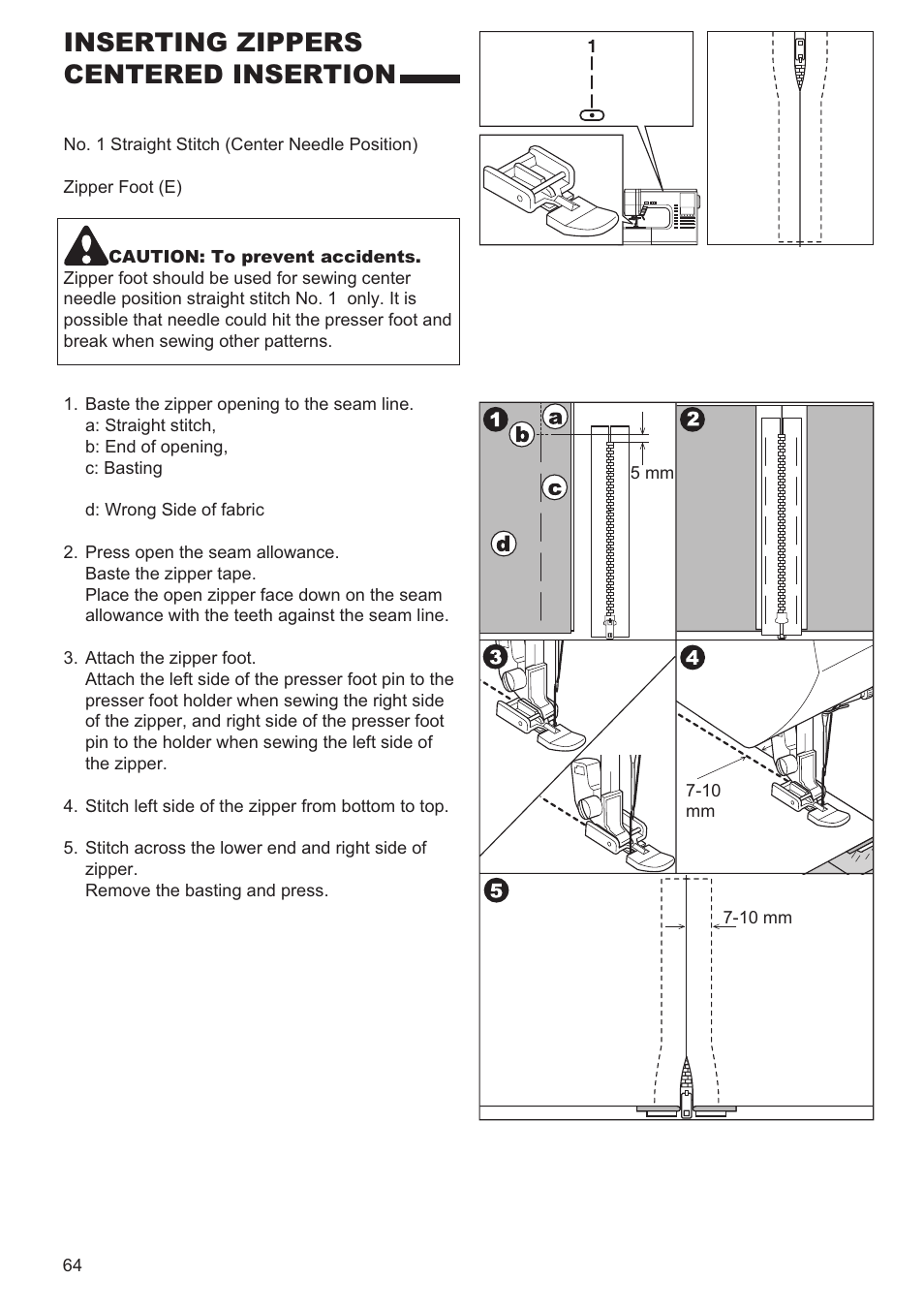 Inserting zippers centered insertion | SINGER 9960 QUANTUM STYLIST User Manual | Page 64 / 108