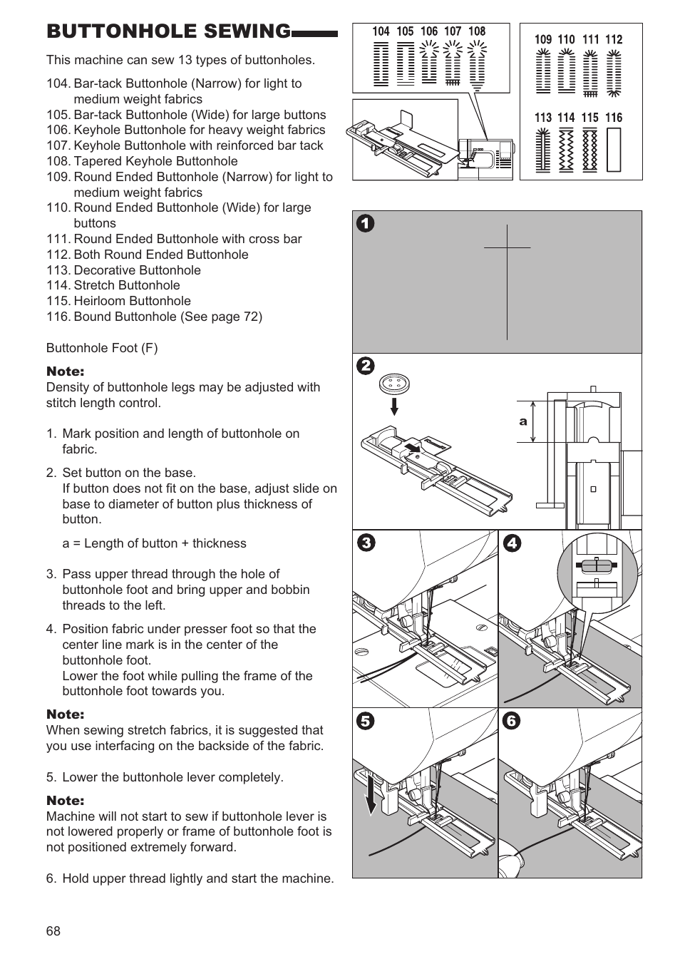Buttonhole sewing | SINGER 9960 QUANTUM STYLIST User Manual | Page 68 / 108