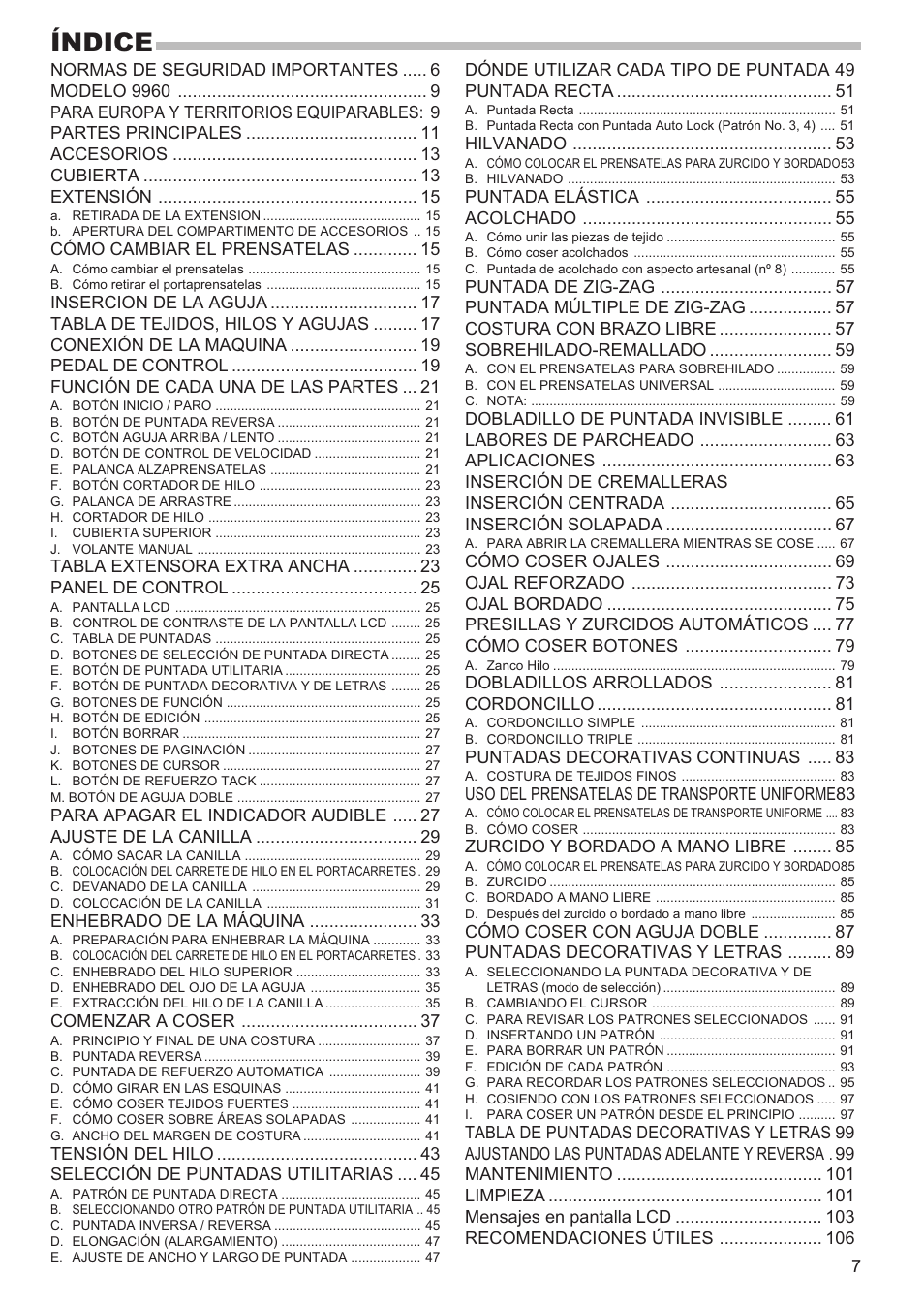 Índice | SINGER 9960 QUANTUM STYLIST User Manual | Page 7 / 108