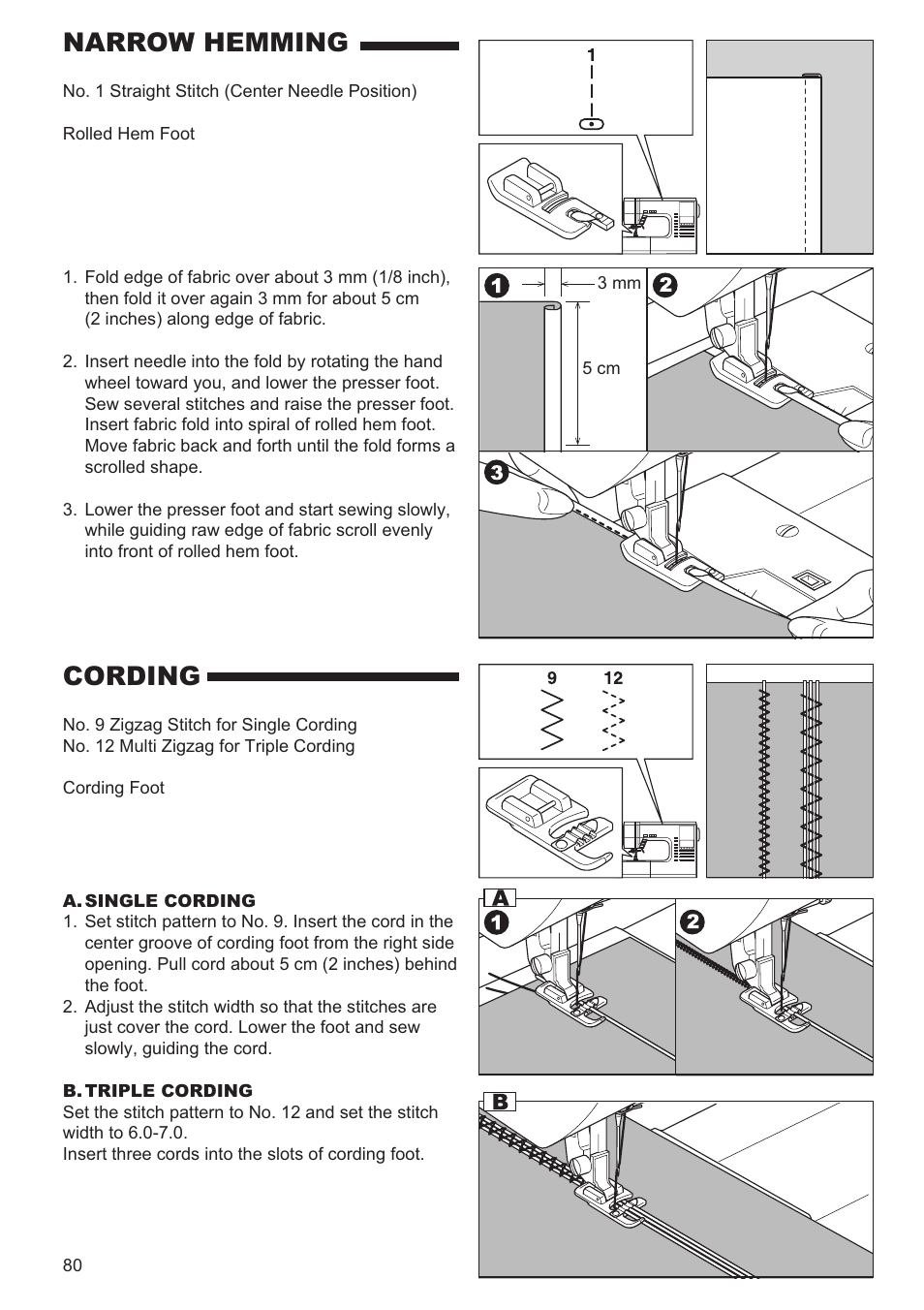 Narrow hemming, Cording | SINGER 9960 QUANTUM STYLIST User Manual | Page 80 / 108