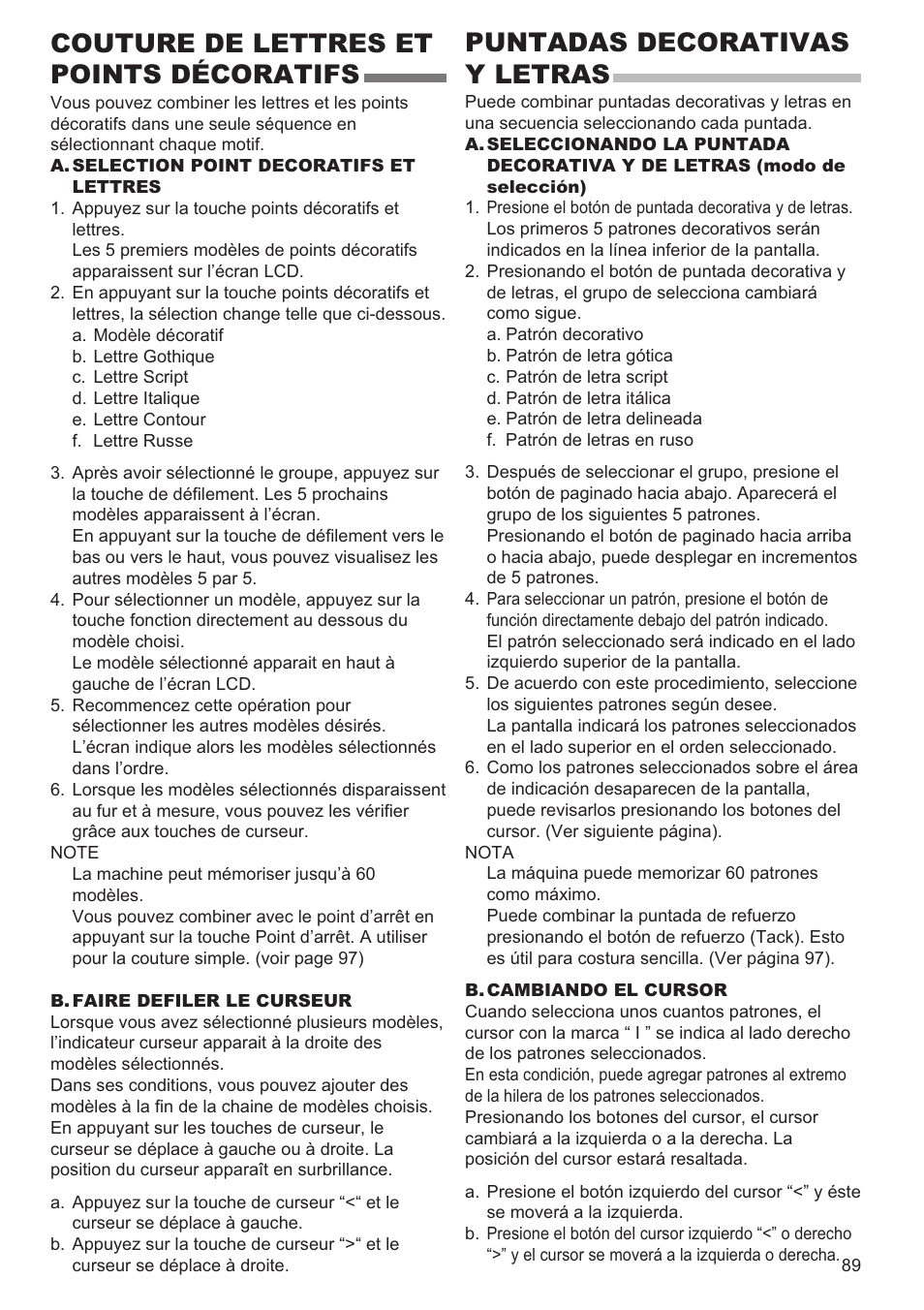 Couture de lettres et points décoratifs, Puntadas decorativas y letras | SINGER 9960 QUANTUM STYLIST User Manual | Page 89 / 108