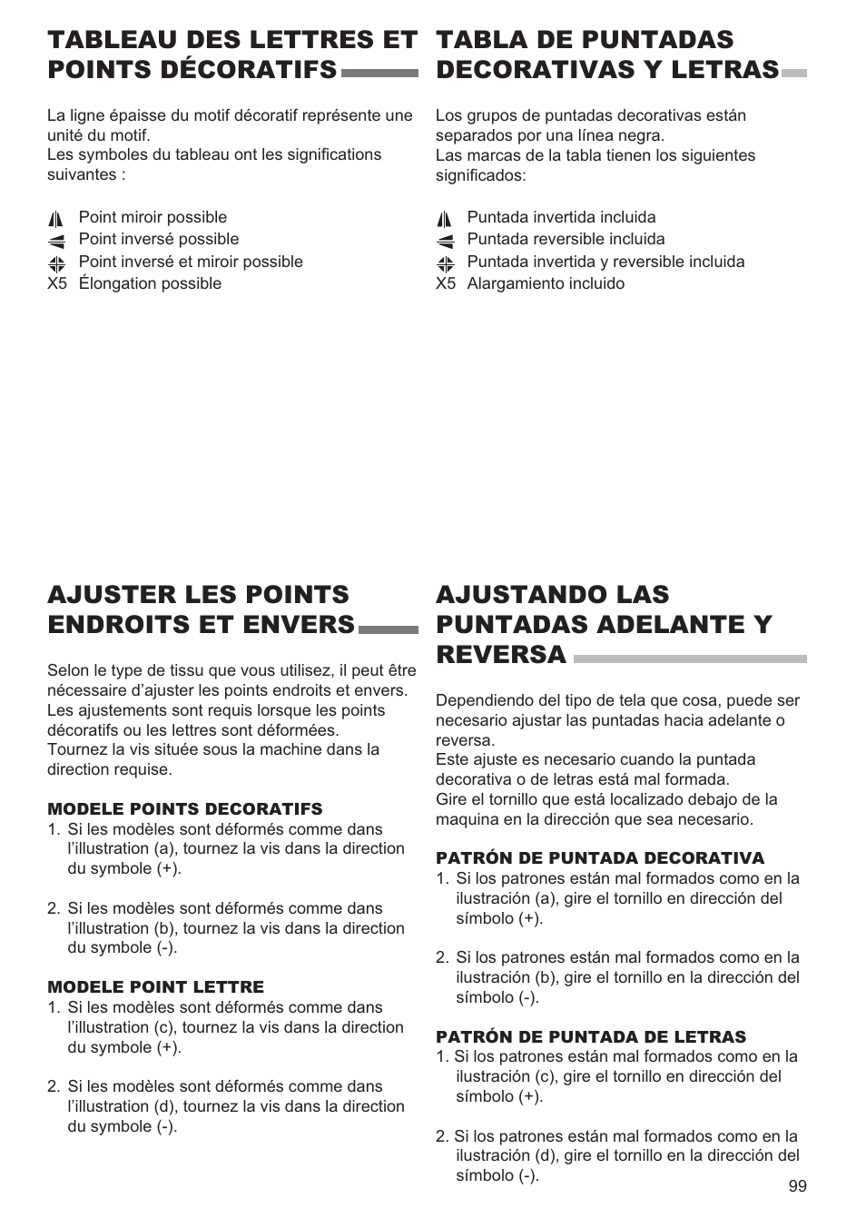 Tableau des lettres et points décoratifs, Tabla de puntadas decorativas y letras, Ajuster les points endroits et envers | Ajustando las puntadas adelante y reversa | SINGER 9960 QUANTUM STYLIST User Manual | Page 99 / 108