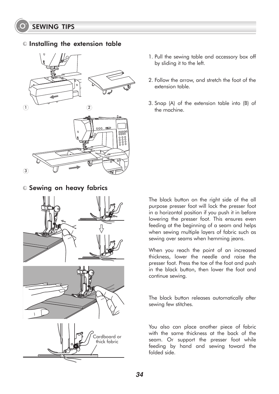 34 installing the extension table, Sewing on heavy fabrics sewing tips | SINGER 9340 SIGNATURE User Manual | Page 39 / 91