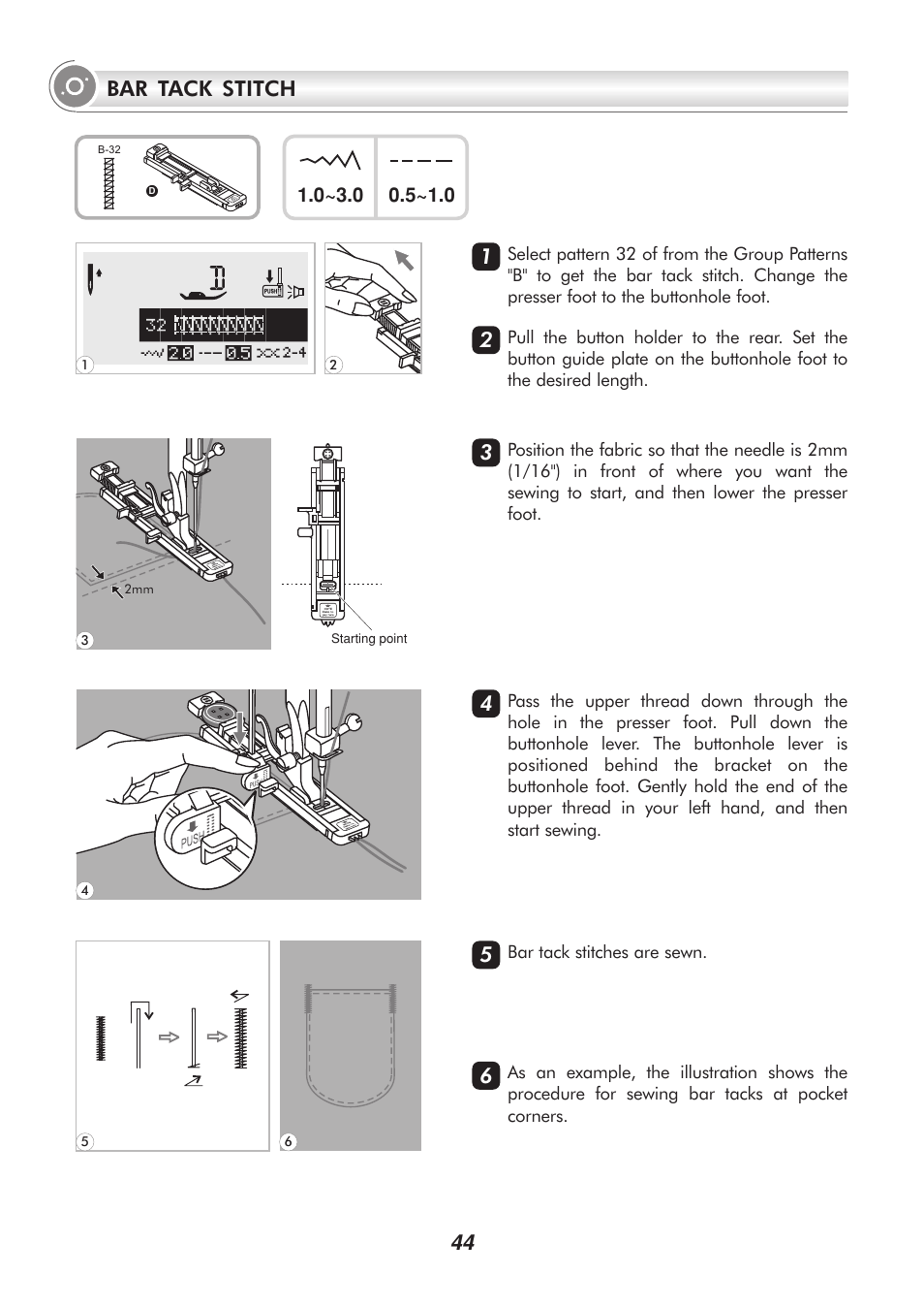 44 bar tack stitch | SINGER 9340 SIGNATURE User Manual | Page 49 / 91