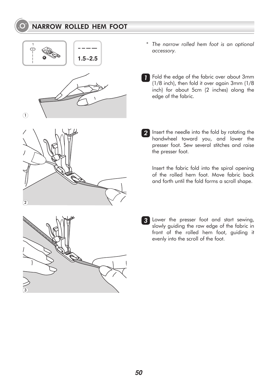 50 narrow rolled hem foot | SINGER 9340 SIGNATURE User Manual | Page 55 / 91