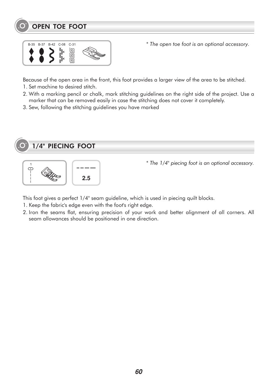 Open toe foot 60, 1/4" piecing foot | SINGER 9340 SIGNATURE User Manual | Page 65 / 91