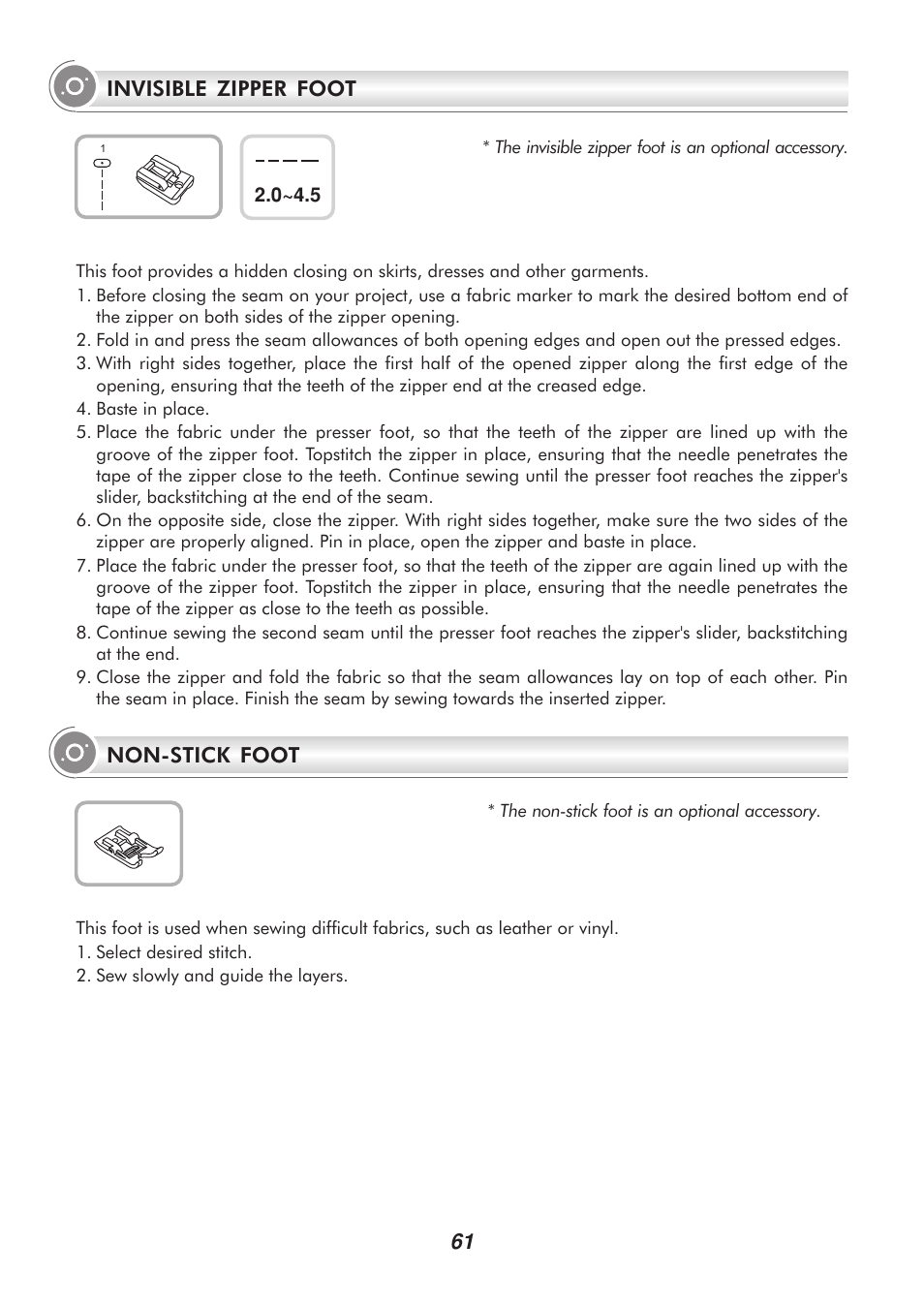 Invisible zipper foot, Non-stick foot | SINGER 9340 SIGNATURE User Manual | Page 66 / 91