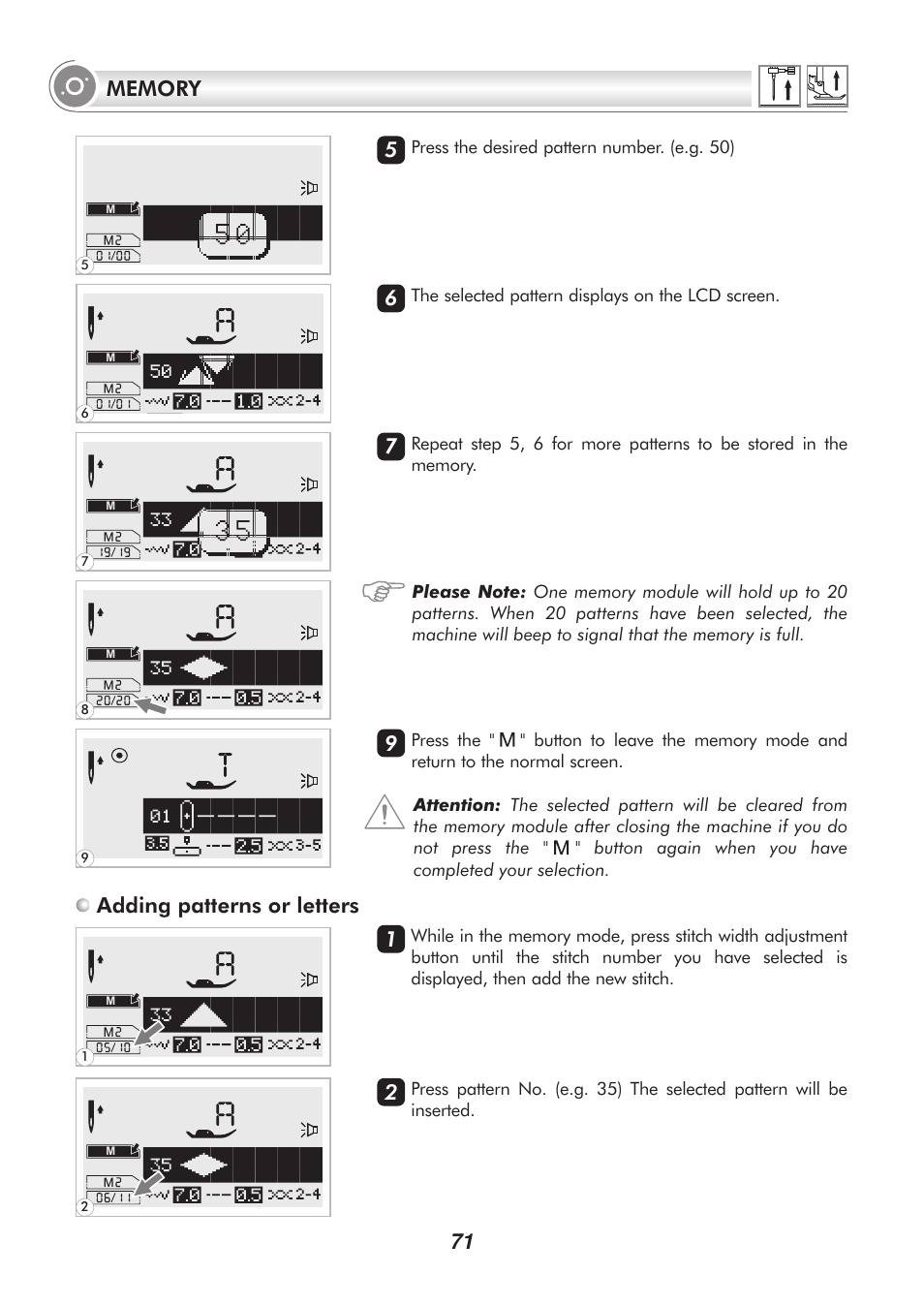 Adding patterns or letters 5 6 7 9 | SINGER 9340 SIGNATURE User Manual | Page 76 / 91