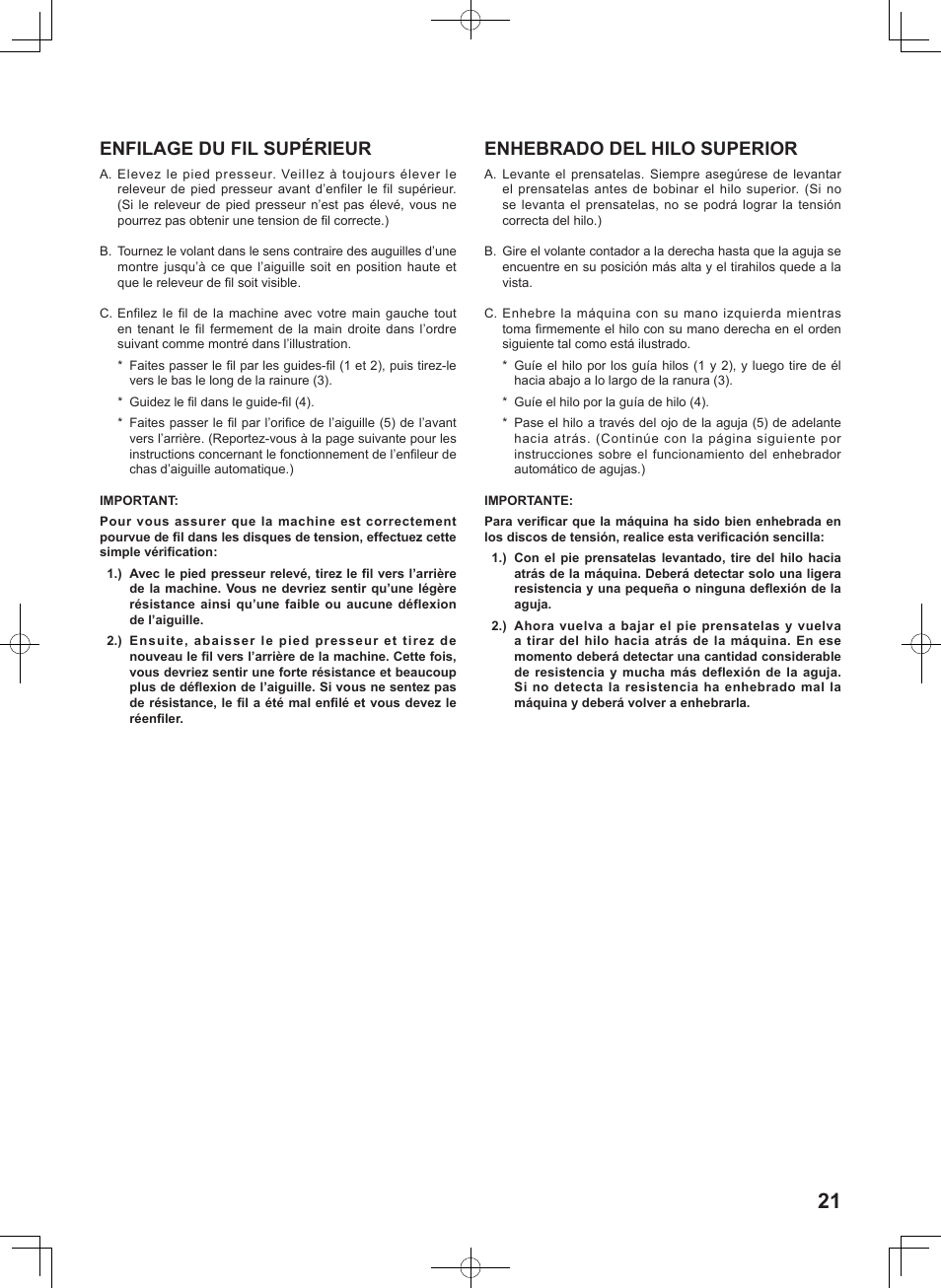 Enfilage du fil supérieur, Enhebrado del hilo superior | SINGER 8780 CURVY User Manual | Page 21 / 95