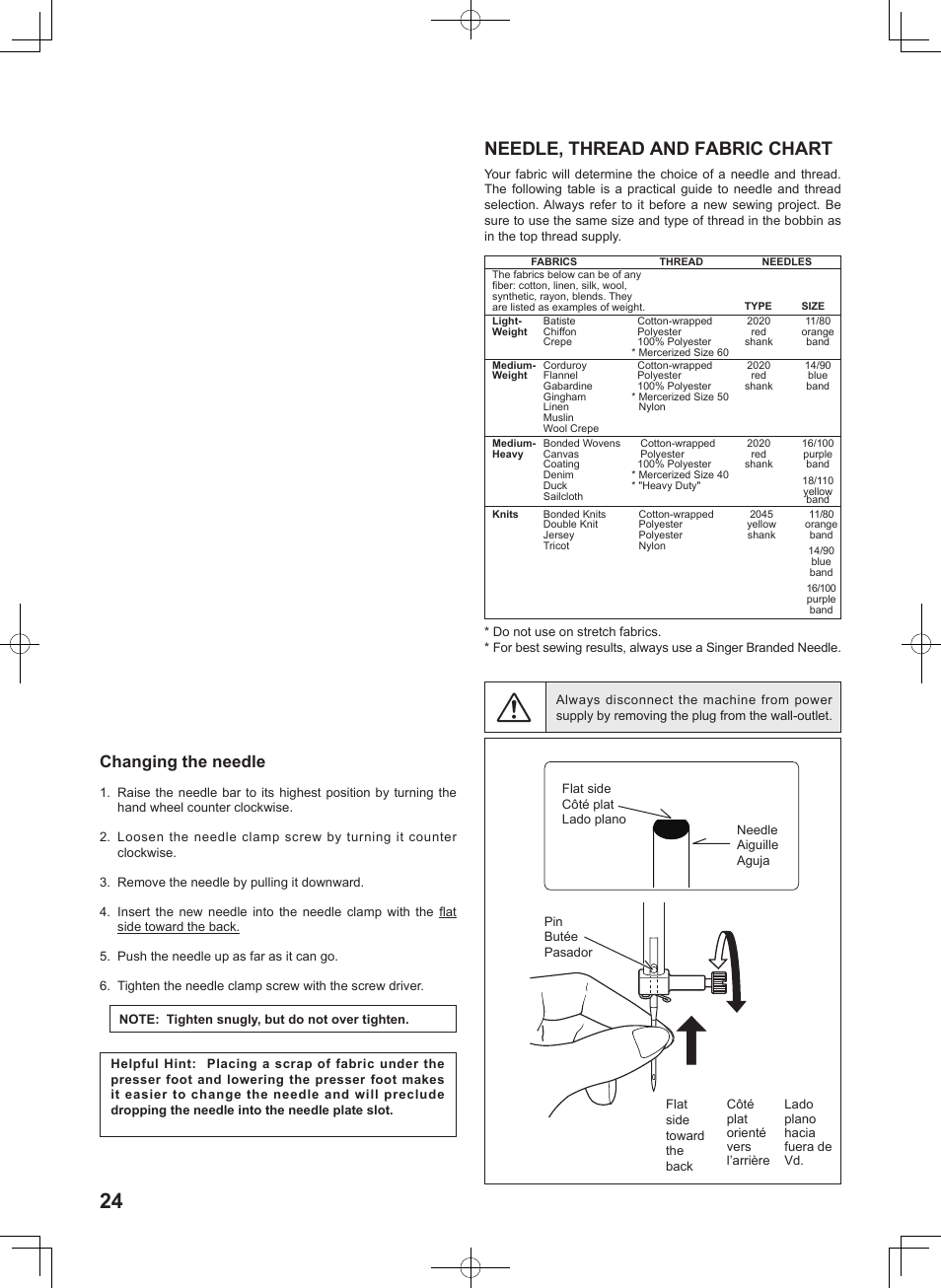 Needle, thread and fabric chart, Changing the needle | SINGER 8780 CURVY User Manual | Page 24 / 95