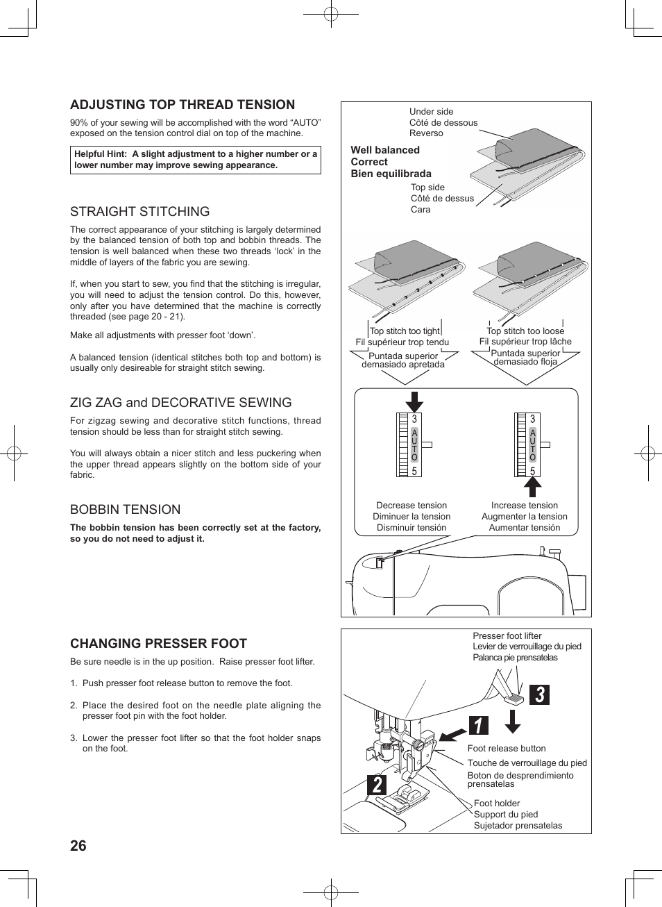 Adjusting top thread tension, Straight stitching, Zig zag and decorative sewing | Bobbin tension, Changing presser foot | SINGER 8780 CURVY User Manual | Page 26 / 95