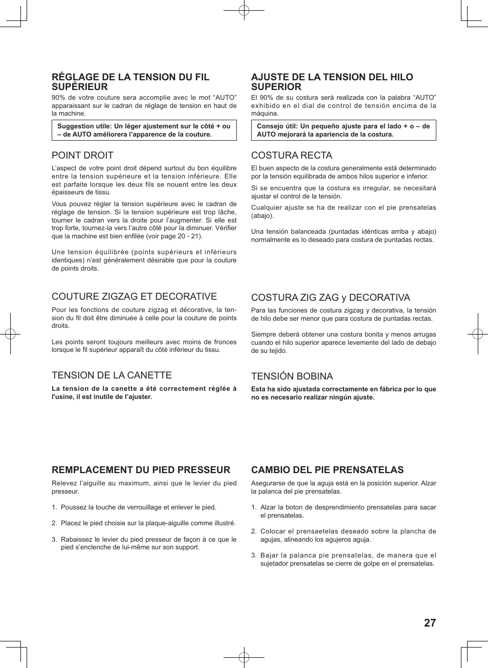 Réglage de la tension du fil supérieur, Point droit, Couture zigzag et decorative | Tension de la canette, Remplacement du pied presseur, Ajuste de la tension del hilo superior, Costura recta, Costura zig zag y decorativa, Tensión bobina, Cambio del pie prensatelas | SINGER 8780 CURVY User Manual | Page 27 / 95