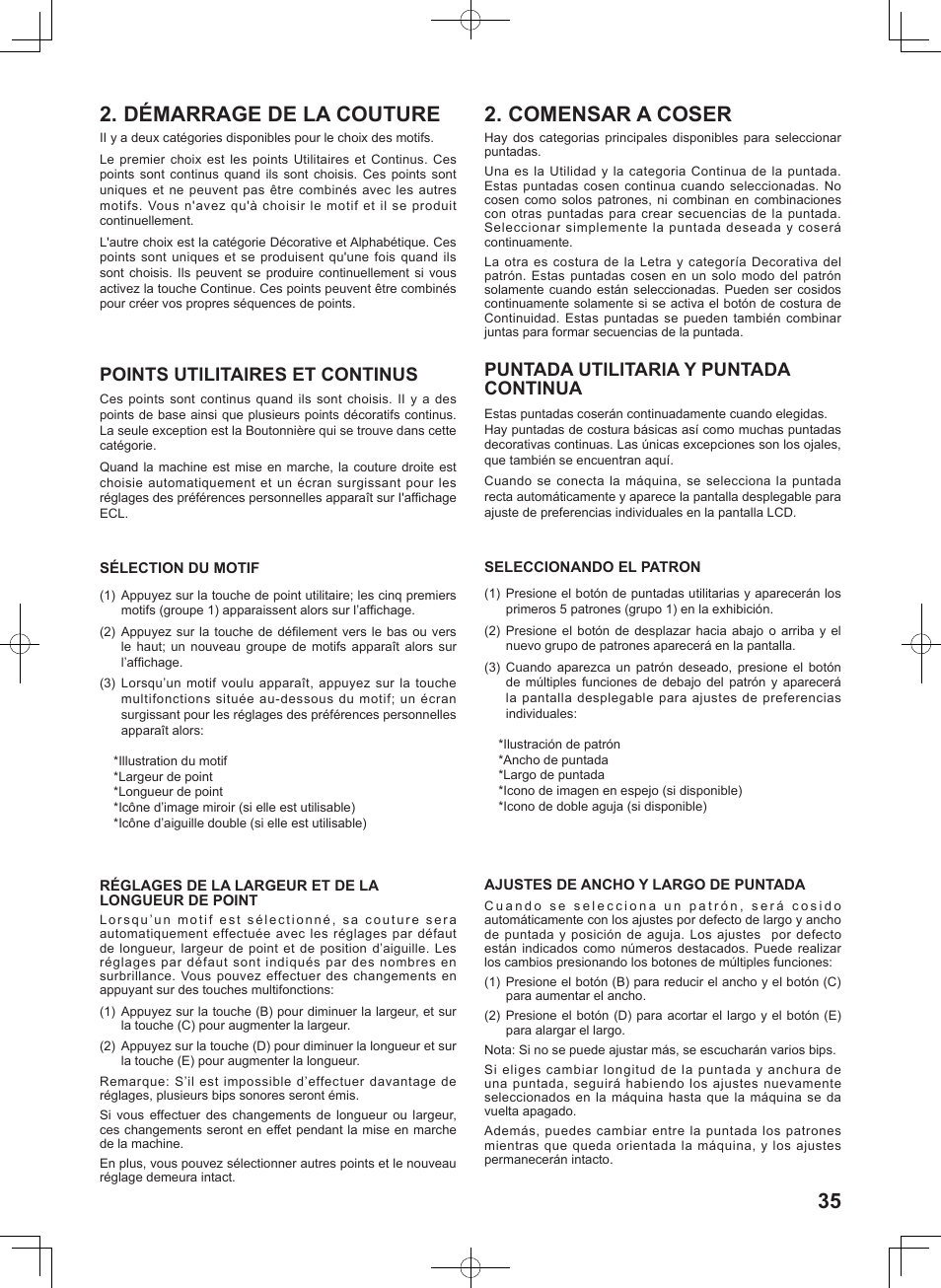 Démarrage de la couture, Comensar a coser, Points utllitalres et continus | Puntada utllltarla y puntada continua | SINGER 8780 CURVY User Manual | Page 35 / 95
