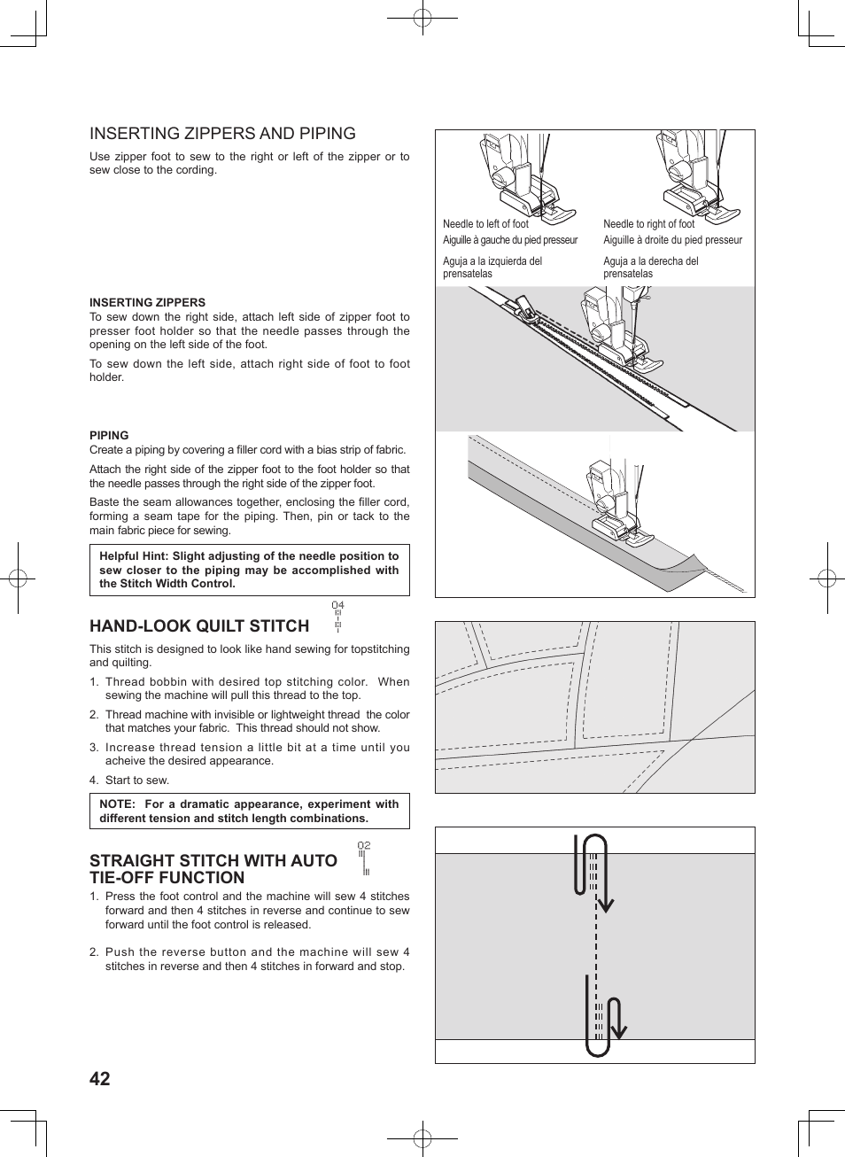 Inserting zippers and piping, Hand-look quilt stitch, Straight stitch with auto tie-off function | SINGER 8780 CURVY User Manual | Page 42 / 95