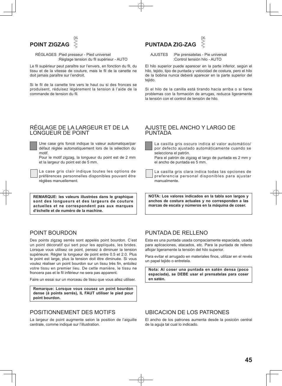 Point zigzag, Ubicacion de los patrones, Point bourdon | Positionnement des motifs | SINGER 8780 CURVY User Manual | Page 45 / 95