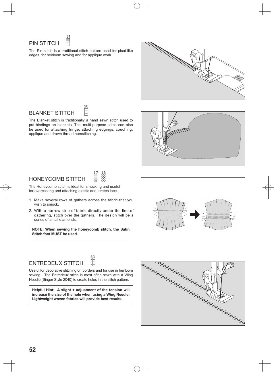 Pin stitch, Blanket stitch, Entredeux stitch | Honeycomb stitch | SINGER 8780 CURVY User Manual | Page 52 / 95