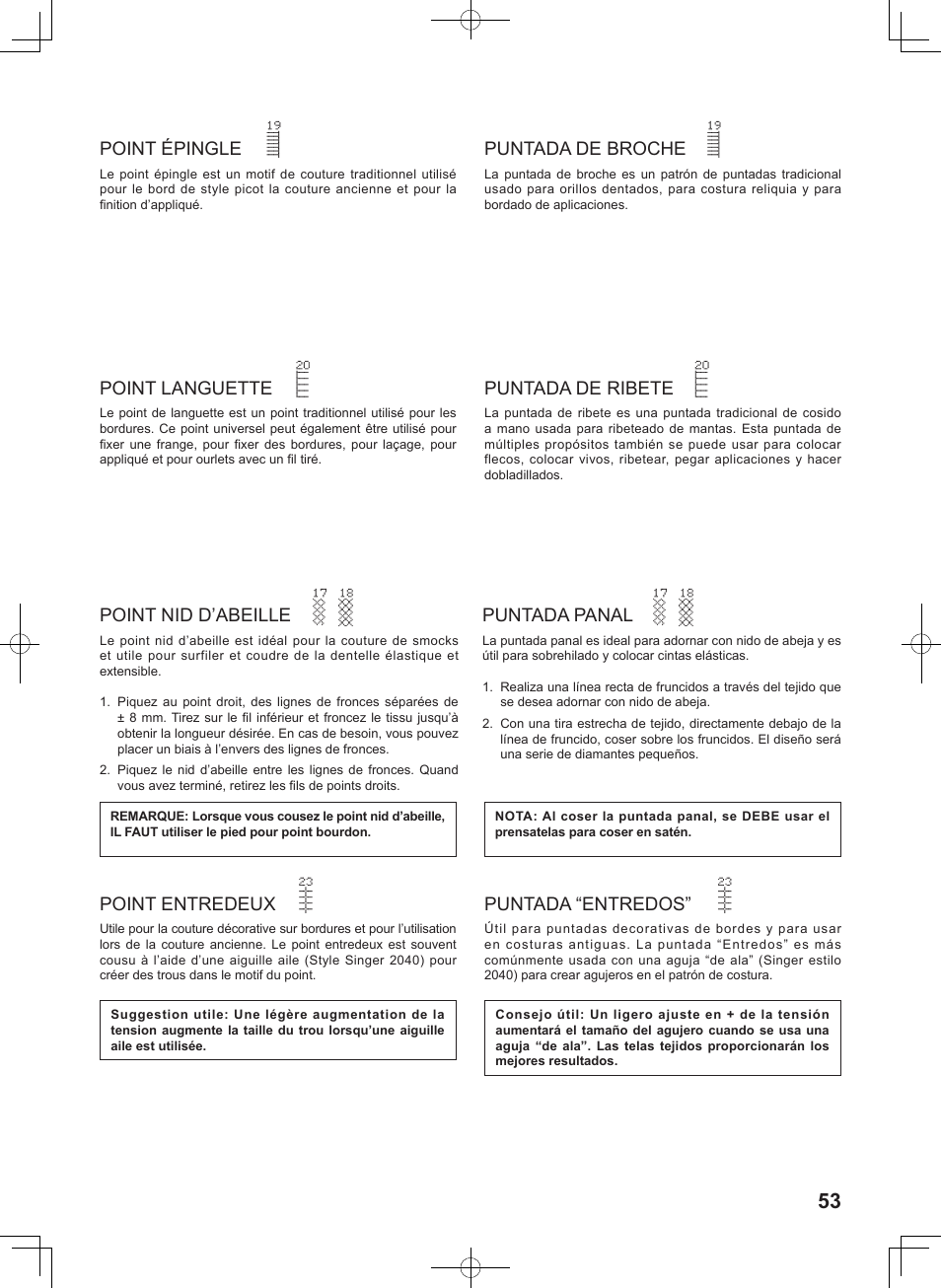Point épingle, Point languette, Point entredeux | Point nid d’abeille, Puntada de broche, Puntada de ribete, Puntada “entredos, Puntada panal | SINGER 8780 CURVY User Manual | Page 53 / 95