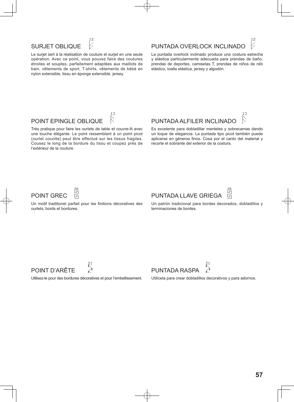 Surjet oblique, Point epingle oblique, Point grec | Point d’arête, Puntada overlock inclinado, Puntada alfiler inclinado, Puntada llave griega, Puntada raspa | SINGER 8780 CURVY User Manual | Page 57 / 95