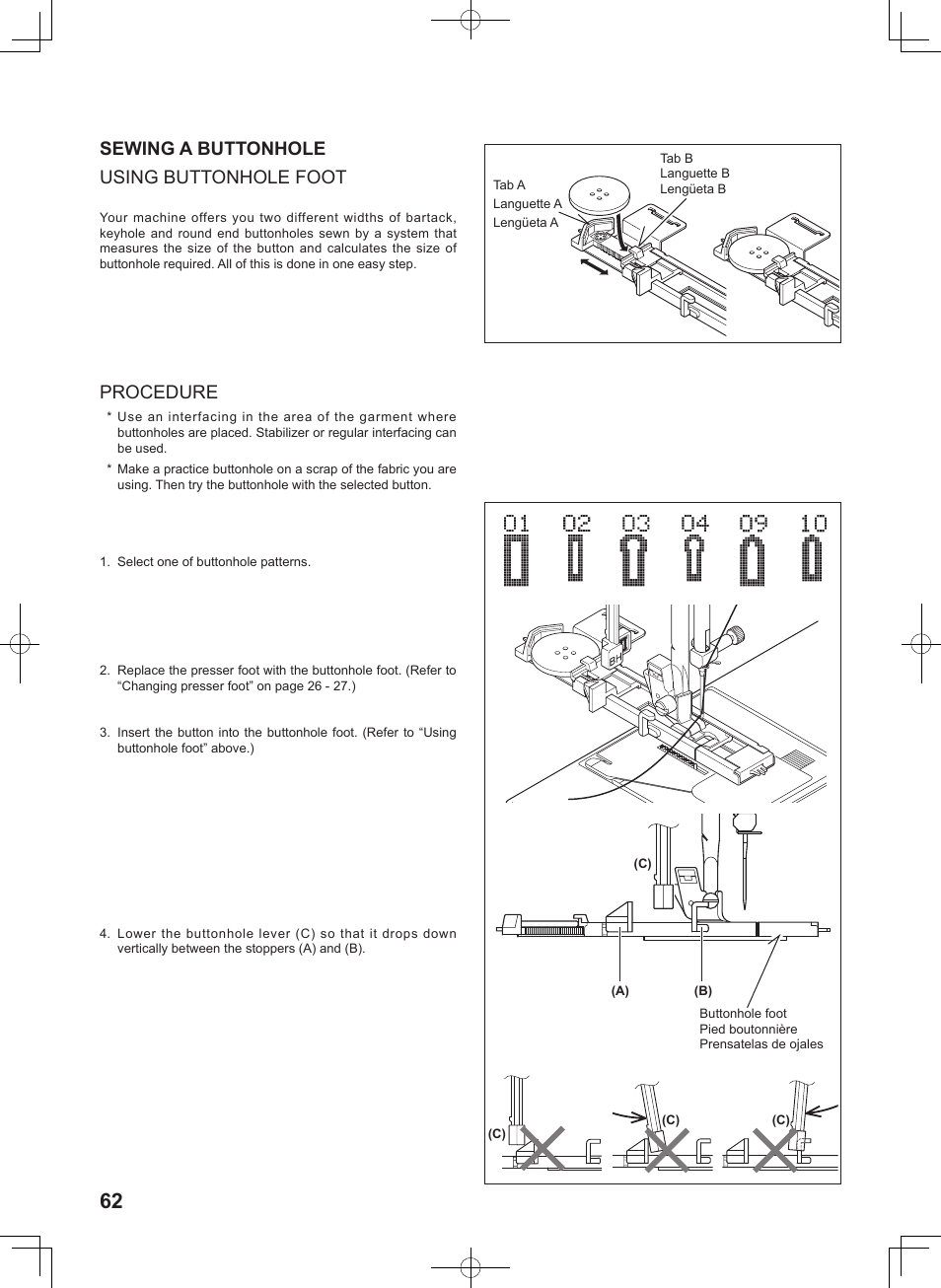 Sewing a buttonhole using buttonhole foot, Procedure | SINGER 8780 CURVY User Manual | Page 62 / 95
