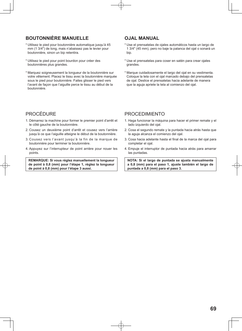 Boutonnière manuelle, Procédure, Ojal manual | Procedimiento | SINGER 8780 CURVY User Manual | Page 69 / 95