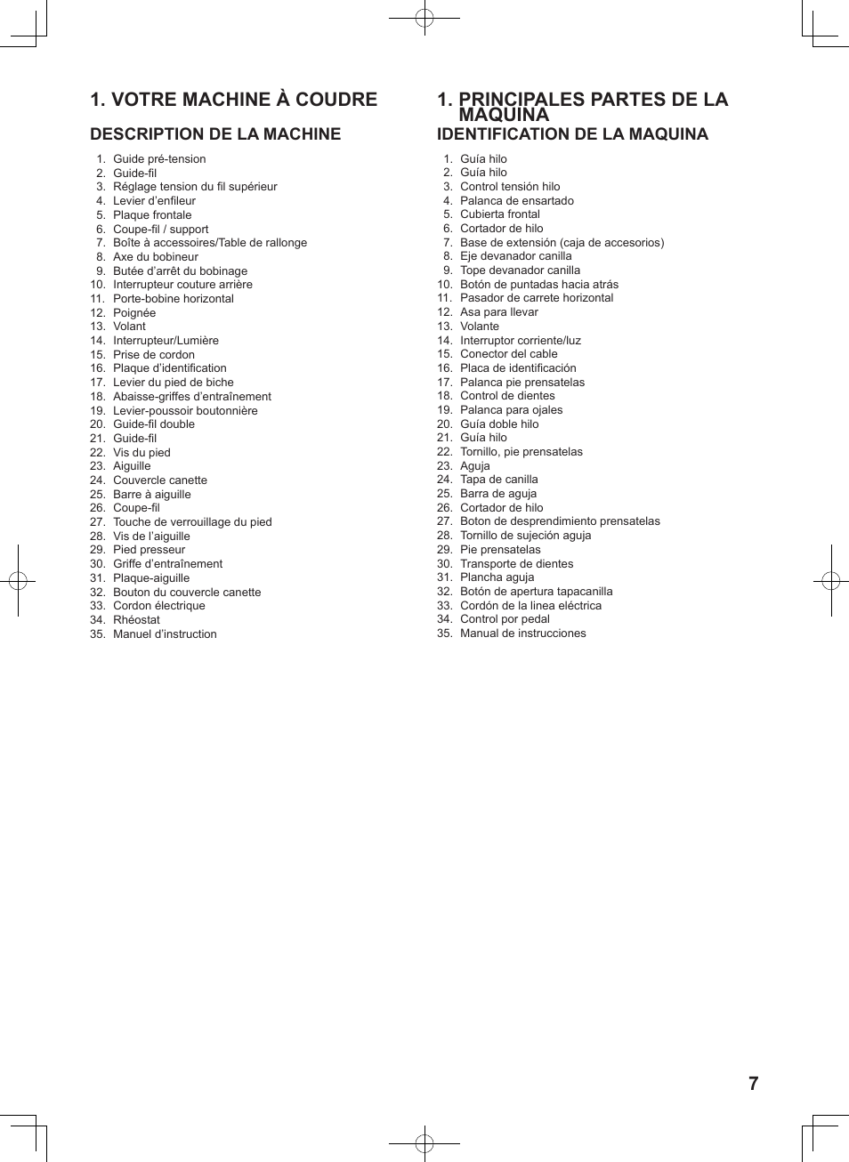 Votre machine à coudre, Principales partes de la maquina, Description de la machine | Identification de la maquina | SINGER 8780 CURVY User Manual | Page 7 / 95