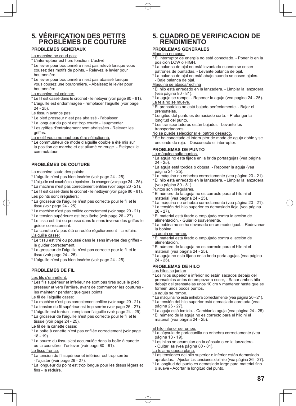 87 5. cuadro de verificacion de rendimiento, Vérification des petits problèmes de couture | SINGER 8780 CURVY User Manual | Page 87 / 95
