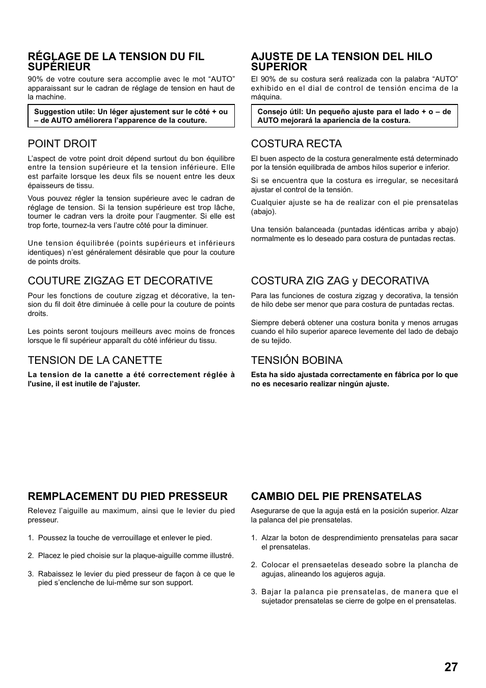 Réglage de la tension du fil supérieur, Point droit, Couture zigzag et decorative | Tension de la canette, Remplacement du pied presseur, Ajuste de la tension del hilo superior, Costura recta, Costura zig zag y decorativa, Tensión bobina, Cambio del pie prensatelas | SINGER 8770 CURVY User Manual | Page 27 / 95