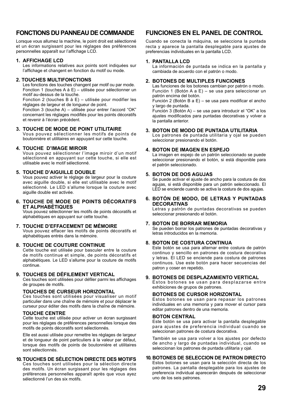 Fonctions du panneau de commande, Funciones en el panel de control | SINGER 8770 CURVY User Manual | Page 29 / 95