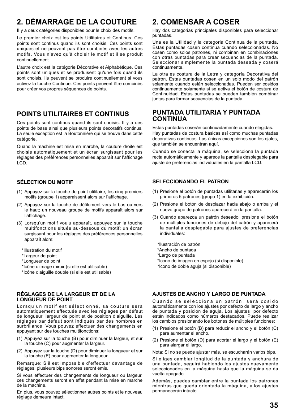 Démarrage de la couture, Comensar a coser, Points utllitalres et continus | Puntada utllltarla y puntada continua | SINGER 8770 CURVY User Manual | Page 35 / 95