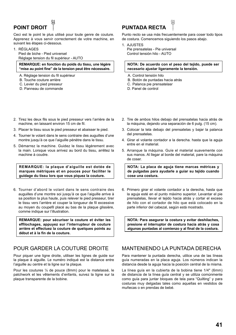 Puntada recta, Pour garder la couture droite, Manteniendo la puntada derecha | Point droit | SINGER 8770 CURVY User Manual | Page 41 / 95