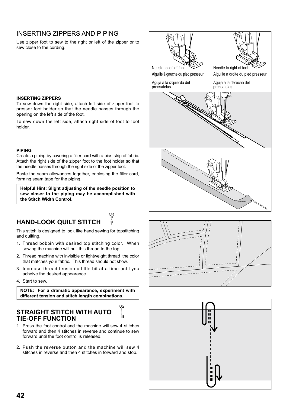 Inserting zippers and piping, Hand-look quilt stitch, Straight stitch with auto tie-off function | SINGER 8770 CURVY User Manual | Page 42 / 95