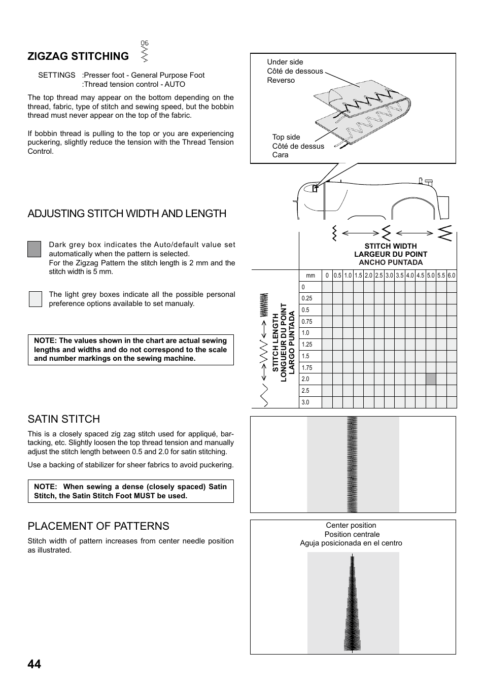 Zigzag stitching, Adjusting stitch width and length, Placement of patterns | Satin stitch | SINGER 8770 CURVY User Manual | Page 44 / 95