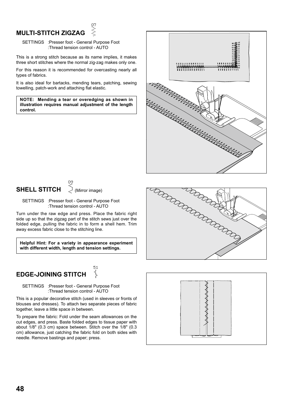 Multi-stitch zigzag, Shell stitch, Edge-joining stitch | SINGER 8770 CURVY User Manual | Page 48 / 95
