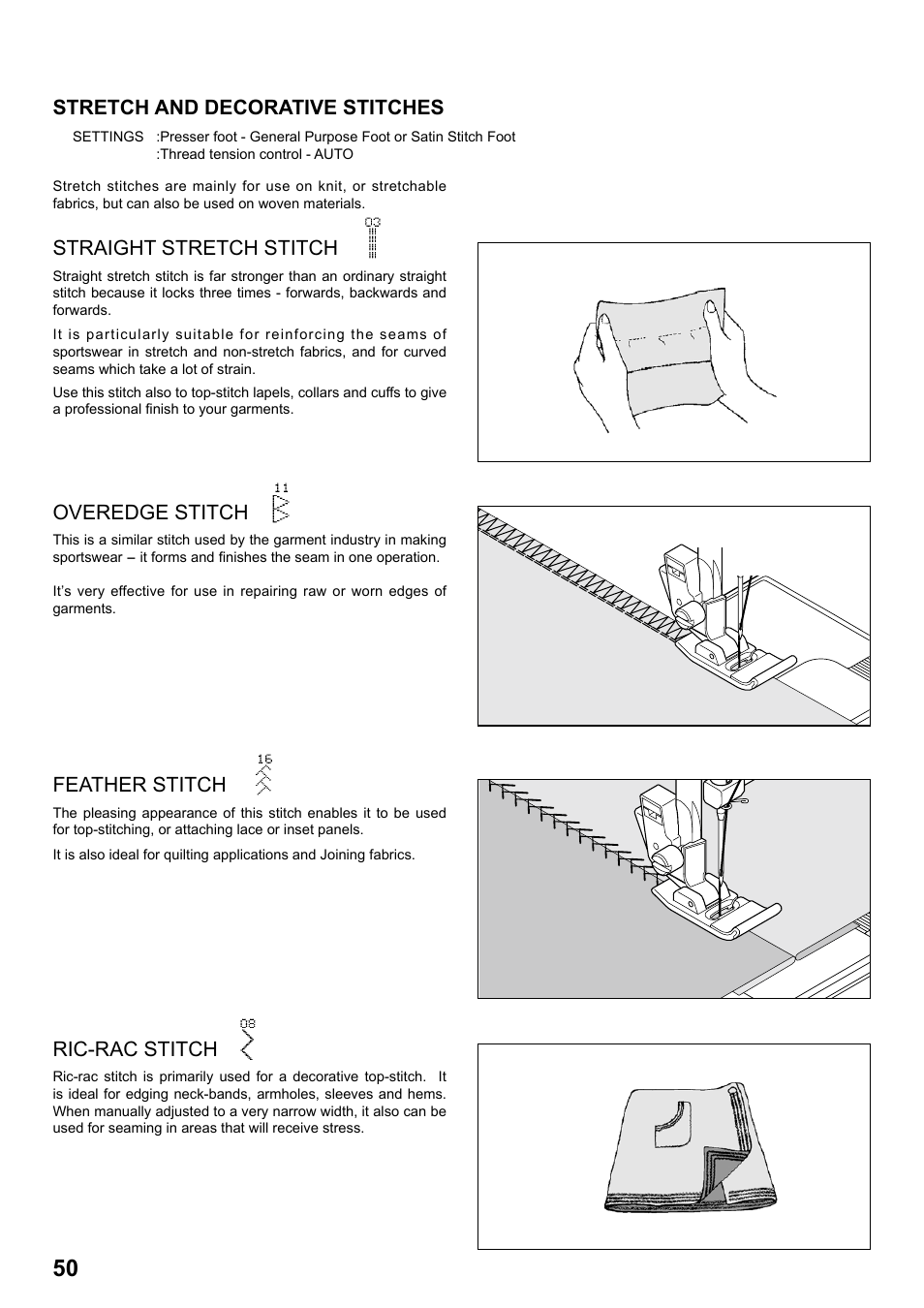 Stretch and decorative stitches, Straight stretch stitch, Feather stitch | Ric-rac stitch, Overedge stitch | SINGER 8770 CURVY User Manual | Page 50 / 95