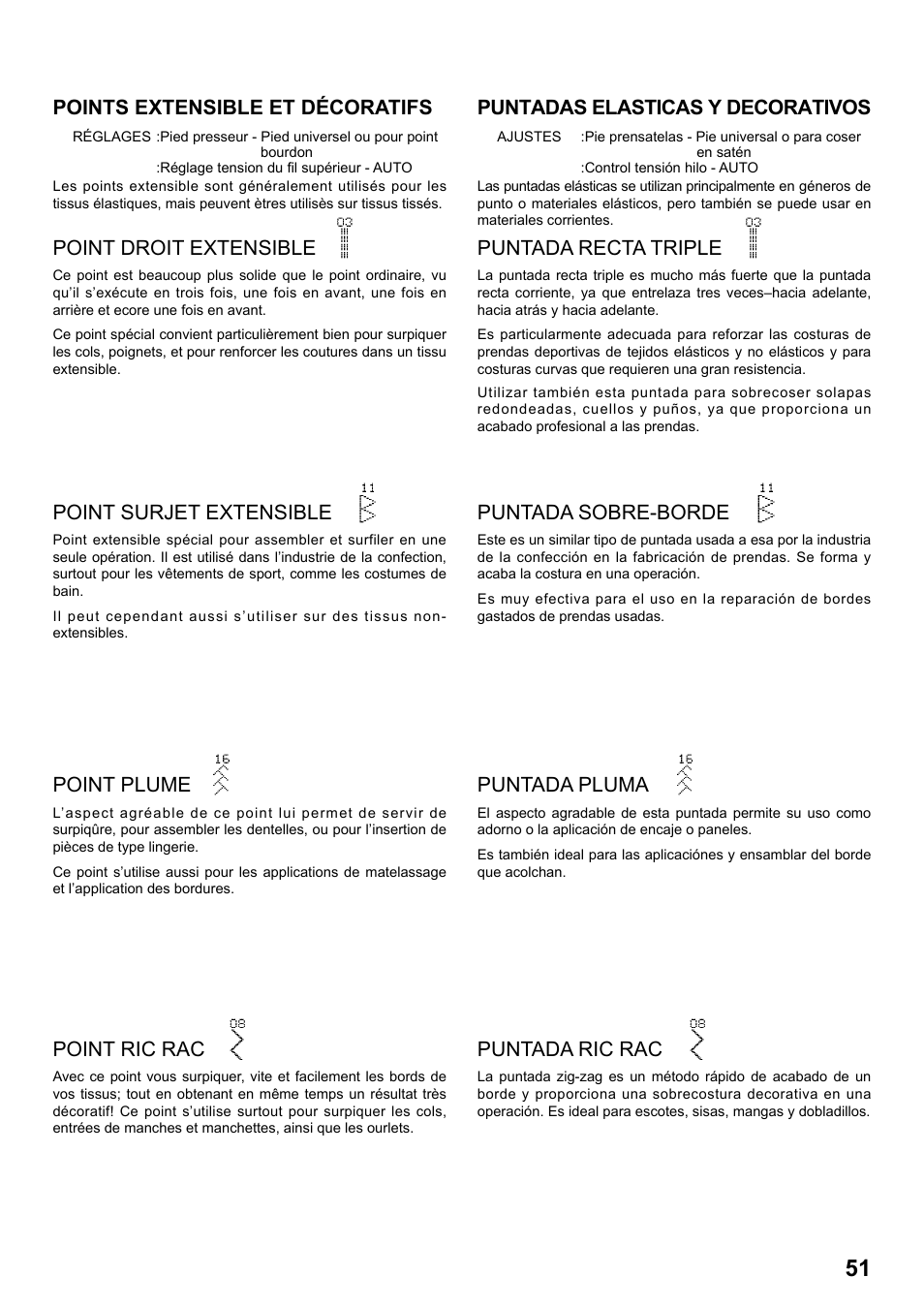 Points extensible et décoratifs, Point droit extensible, Puntadas elasticas y decorativos | Puntada recta triple, Point surjet extensible, Puntada sobre-borde, Point plume, Puntada pluma, Point ric rac, Puntada ric rac | SINGER 8770 CURVY User Manual | Page 51 / 95