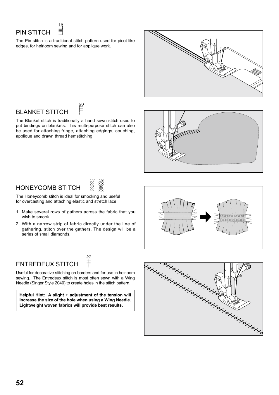 Pin stitch, Blanket stitch, Entredeux stitch | Honeycomb stitch | SINGER 8770 CURVY User Manual | Page 52 / 95