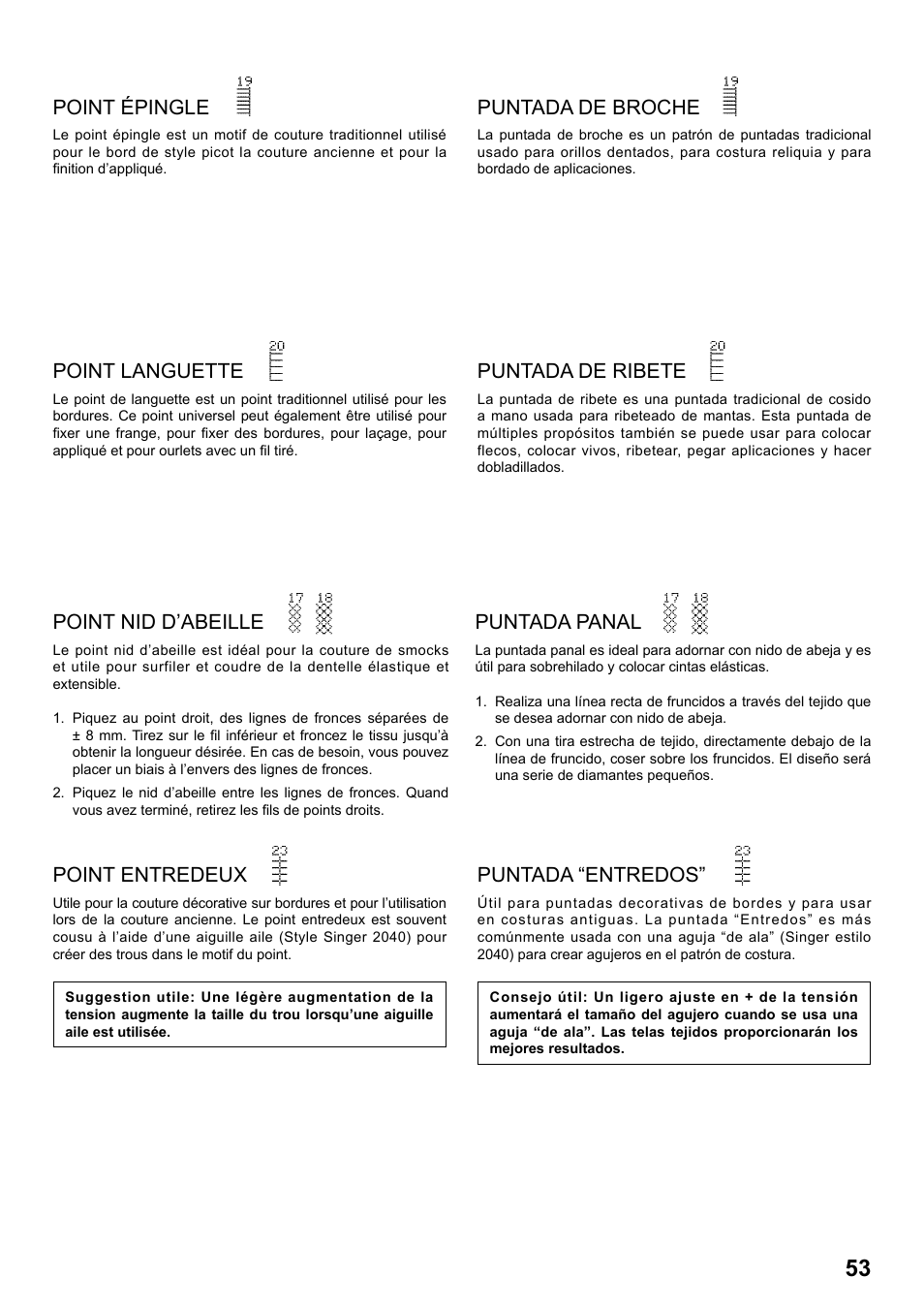 Point épingle, Point languette, Point entredeux | Point nid d’abeille, Puntada de broche, Puntada de ribete, Puntada “entredos, Puntada panal | SINGER 8770 CURVY User Manual | Page 53 / 95