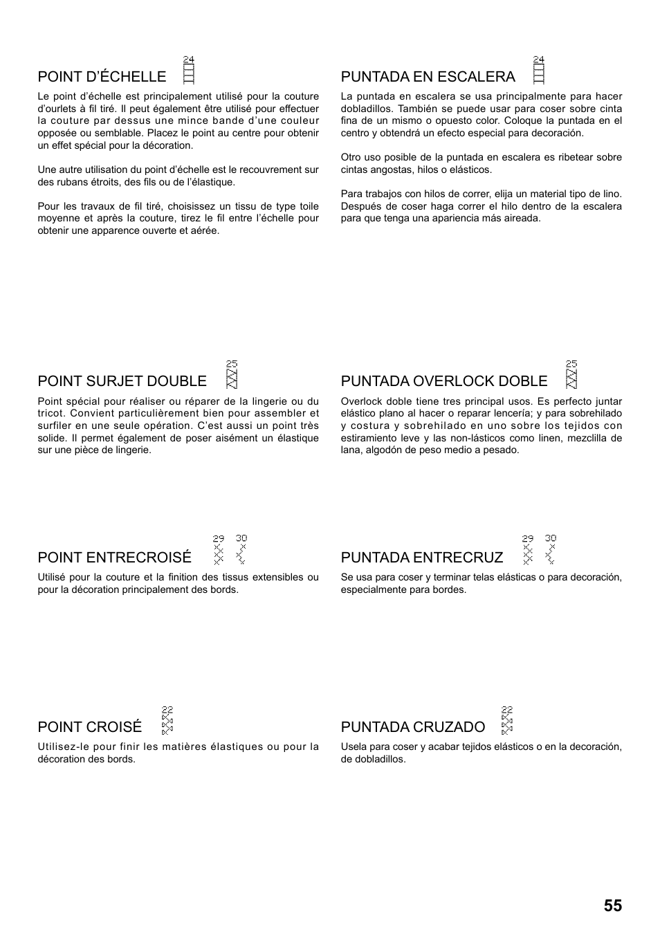 Point d’échelle, Point surjet double, Point entrecroisé | Point croisé, Puntada en escalera, Puntada overlock doble, Puntada entrecruz, Puntada cruzado | SINGER 8770 CURVY User Manual | Page 55 / 95