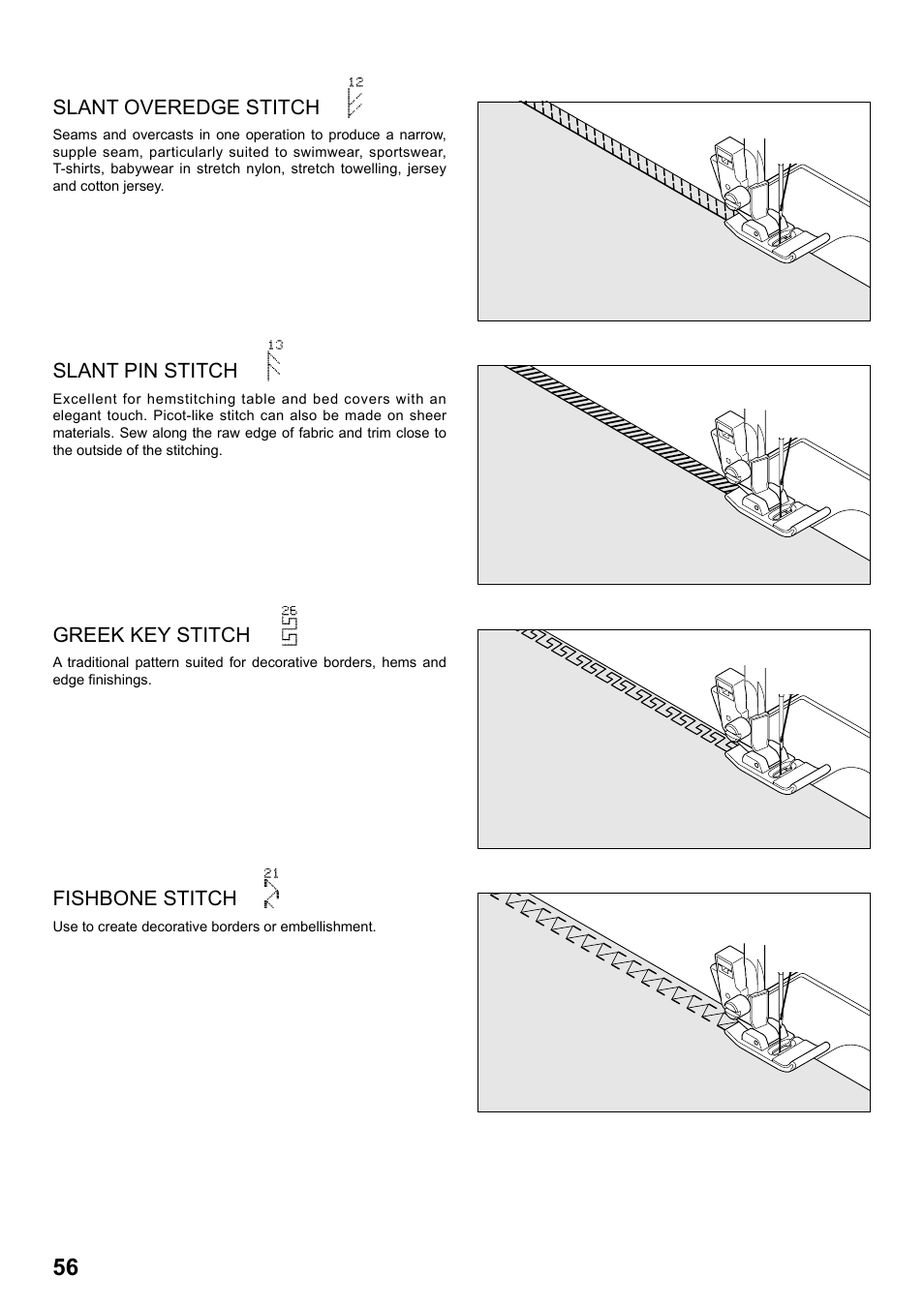 Slant overedge stitch, Slant pin stitch, Greek key stitch | Fishbone stitch | SINGER 8770 CURVY User Manual | Page 56 / 95