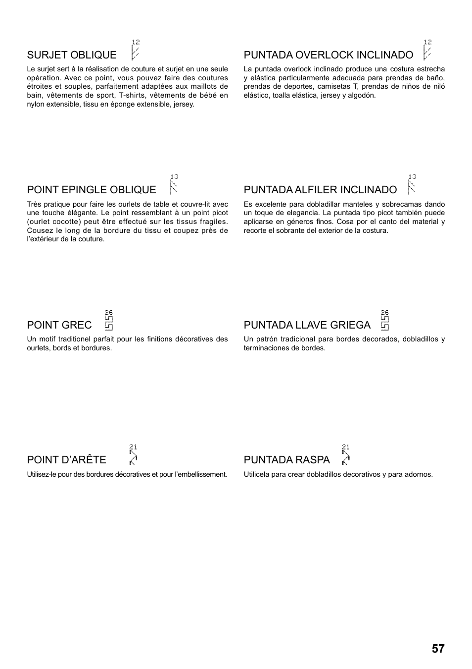 Surjet oblique, Point epingle oblique, Point grec | Point d’arête, Puntada overlock inclinado, Puntada alfiler inclinado, Puntada llave griega, Puntada raspa | SINGER 8770 CURVY User Manual | Page 57 / 95