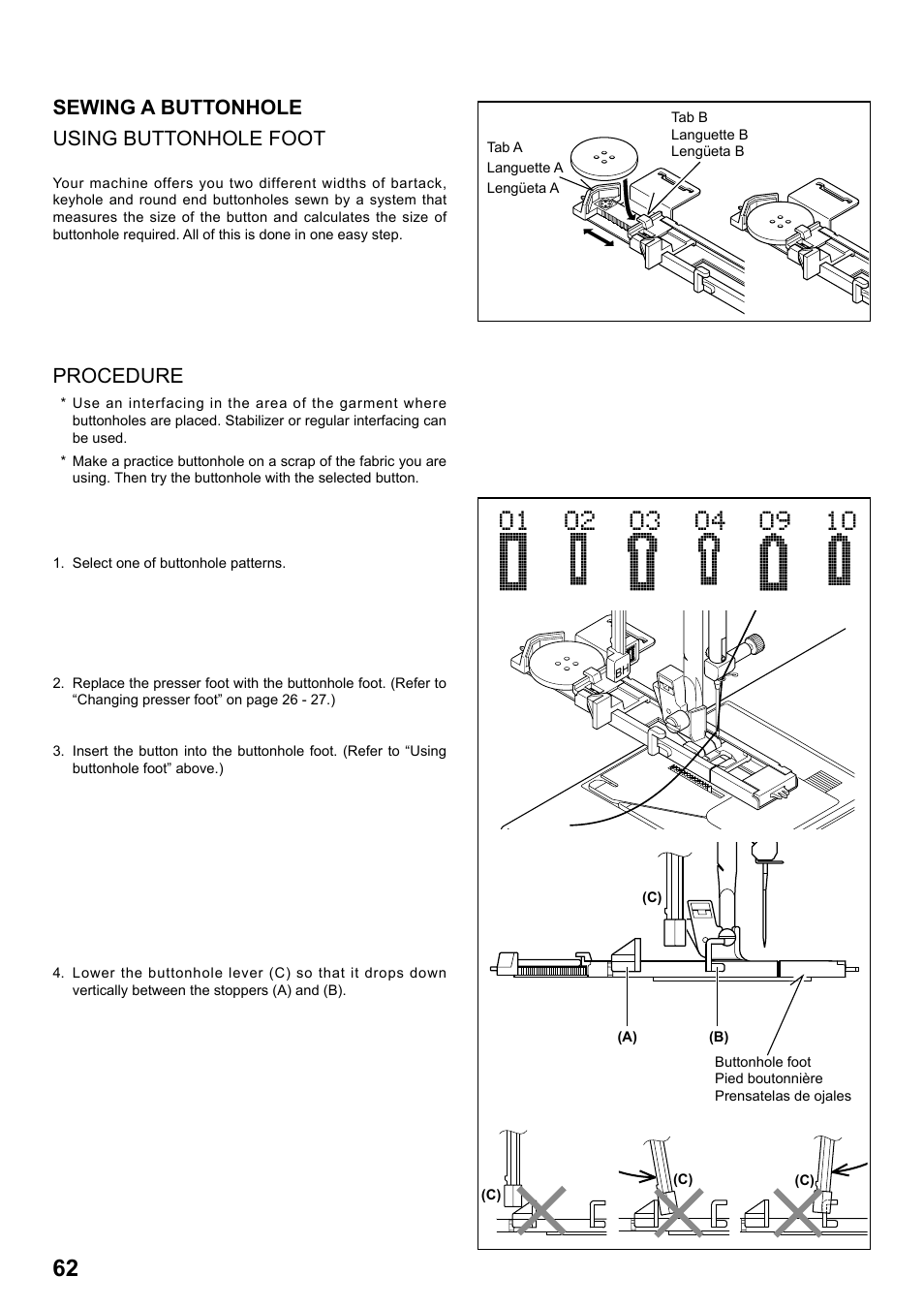 Sewing a buttonhole using buttonhole foot, Procedure | SINGER 8770 CURVY User Manual | Page 62 / 95