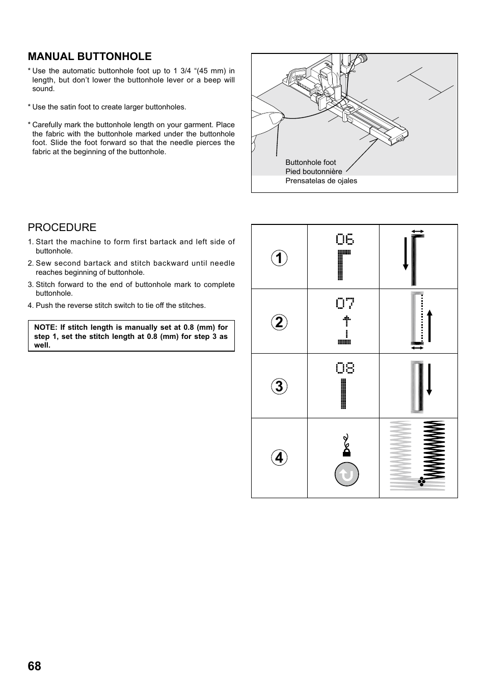 Manual buttonhole, Procedure | SINGER 8770 CURVY User Manual | Page 68 / 95